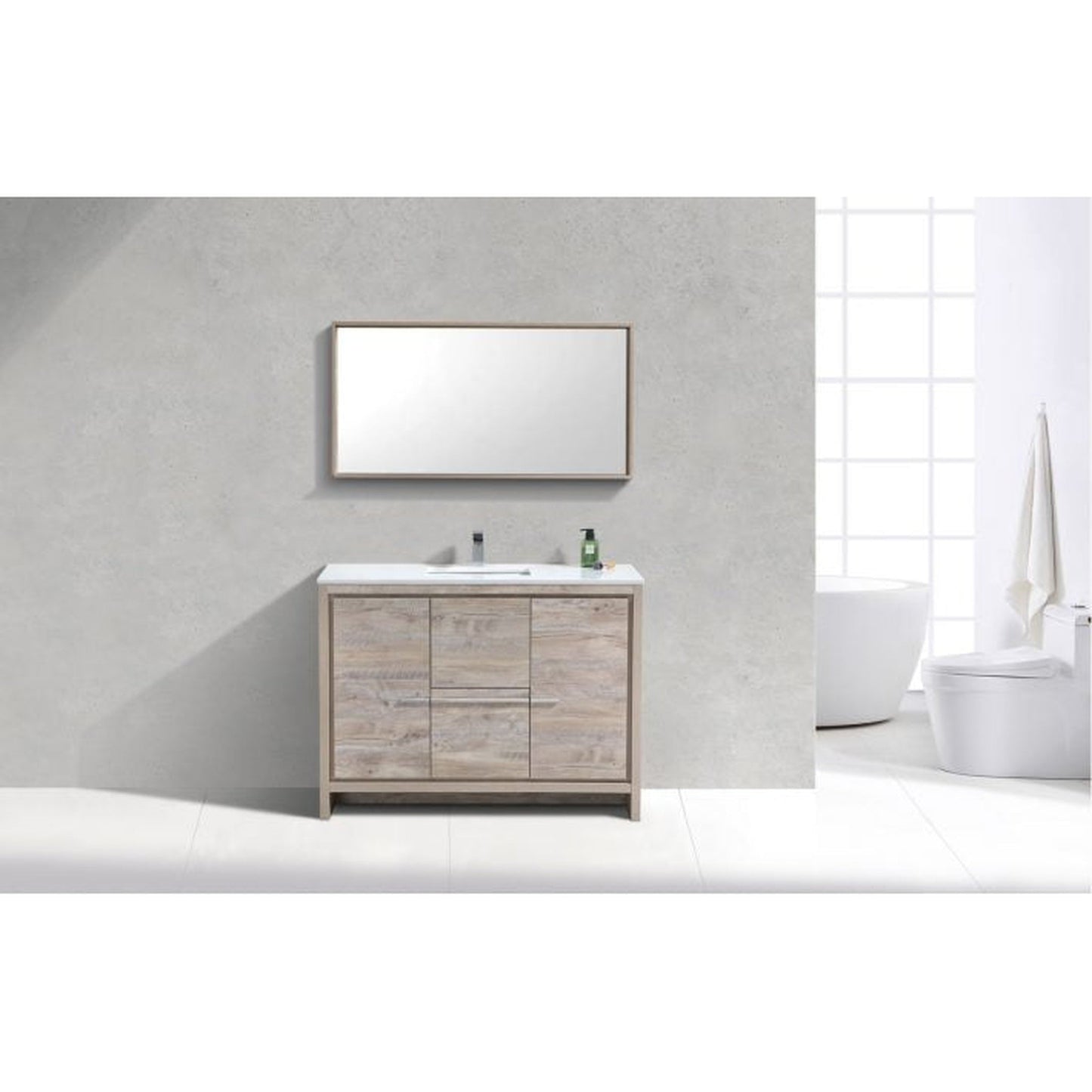 KubeBath Dolce 48" Nature Wood Freestanding Modern Bathroom Vanity With Quartz Vanity Top & Ceramic Sink With Overflow and 48" Wood Framed Mirror With Shelf