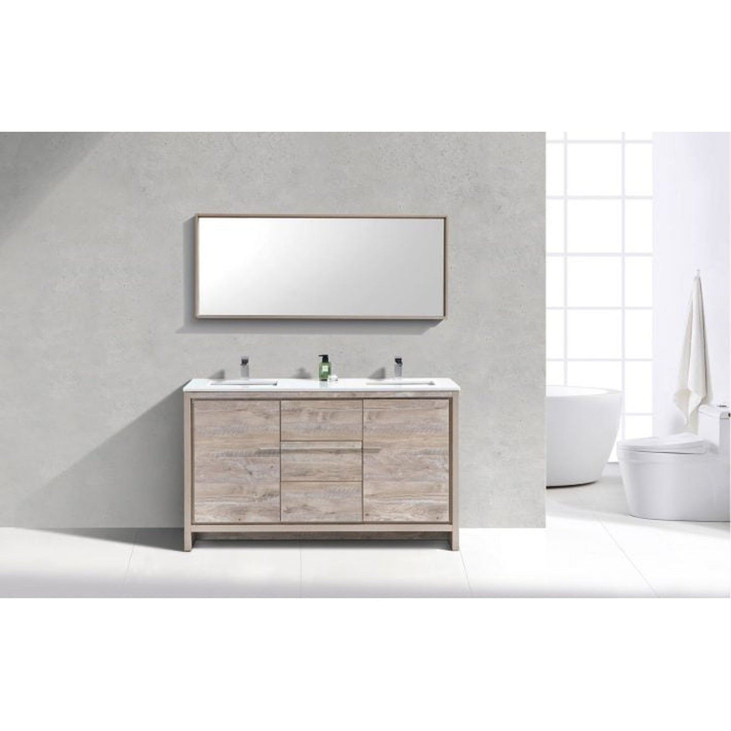 KubeBath Dolce 60" Nature Wood Freestanding Modern Bathroom Vanity With Quartz Vanity Top & Ceramic Double Sink With Overflow and 60" Wood Framed Mirror With Shelf