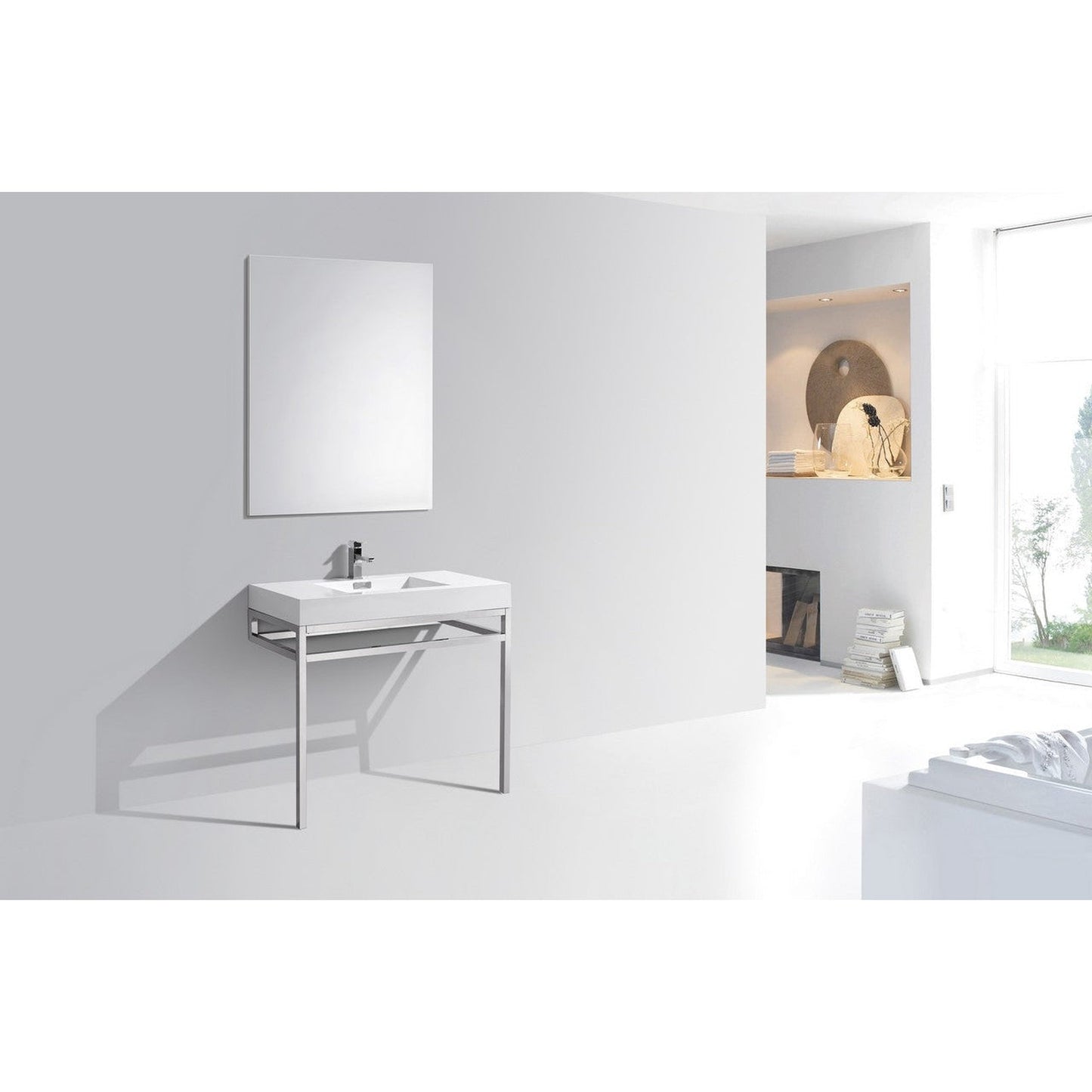 KubeBath Haus 36" White Acrylic Sink With Chrome Finish Stainless Steel Console