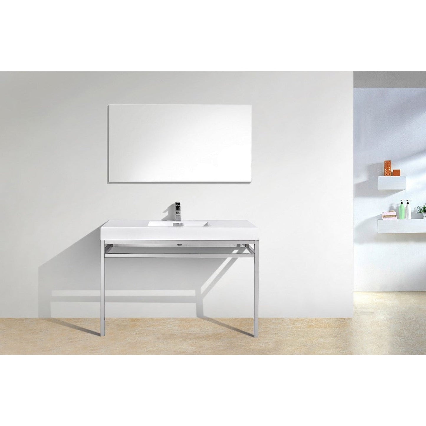 KubeBath Haus 48" White Acrylic Sink With Chrome Finish Stainless Steel Console And 48" White Framed Mirror With Shelf