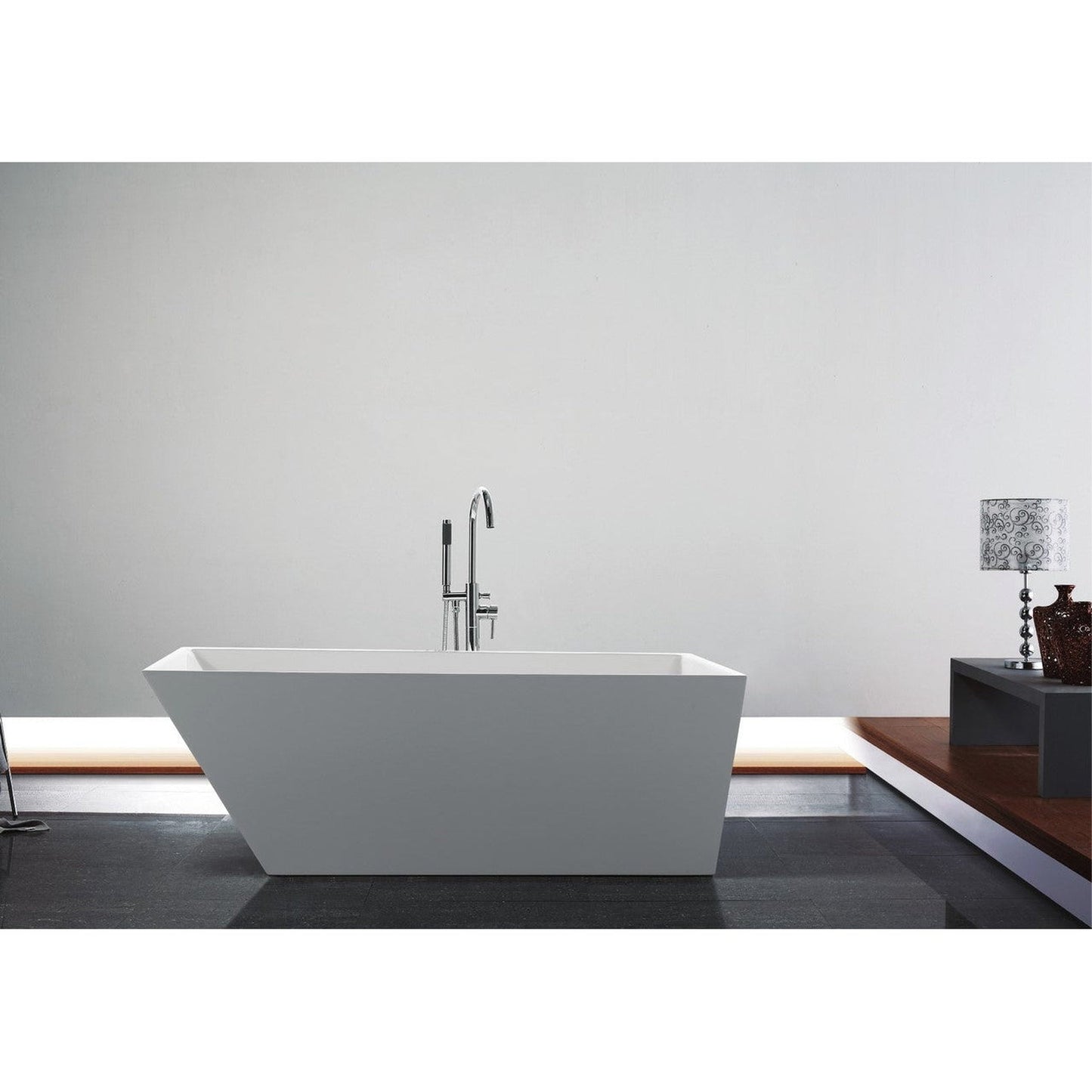 KubeBath Kube Obliquo 67" White Acrylic Freestanding Bathtub With Slim Rectangular Overflow and Brass Pop-Up Drain