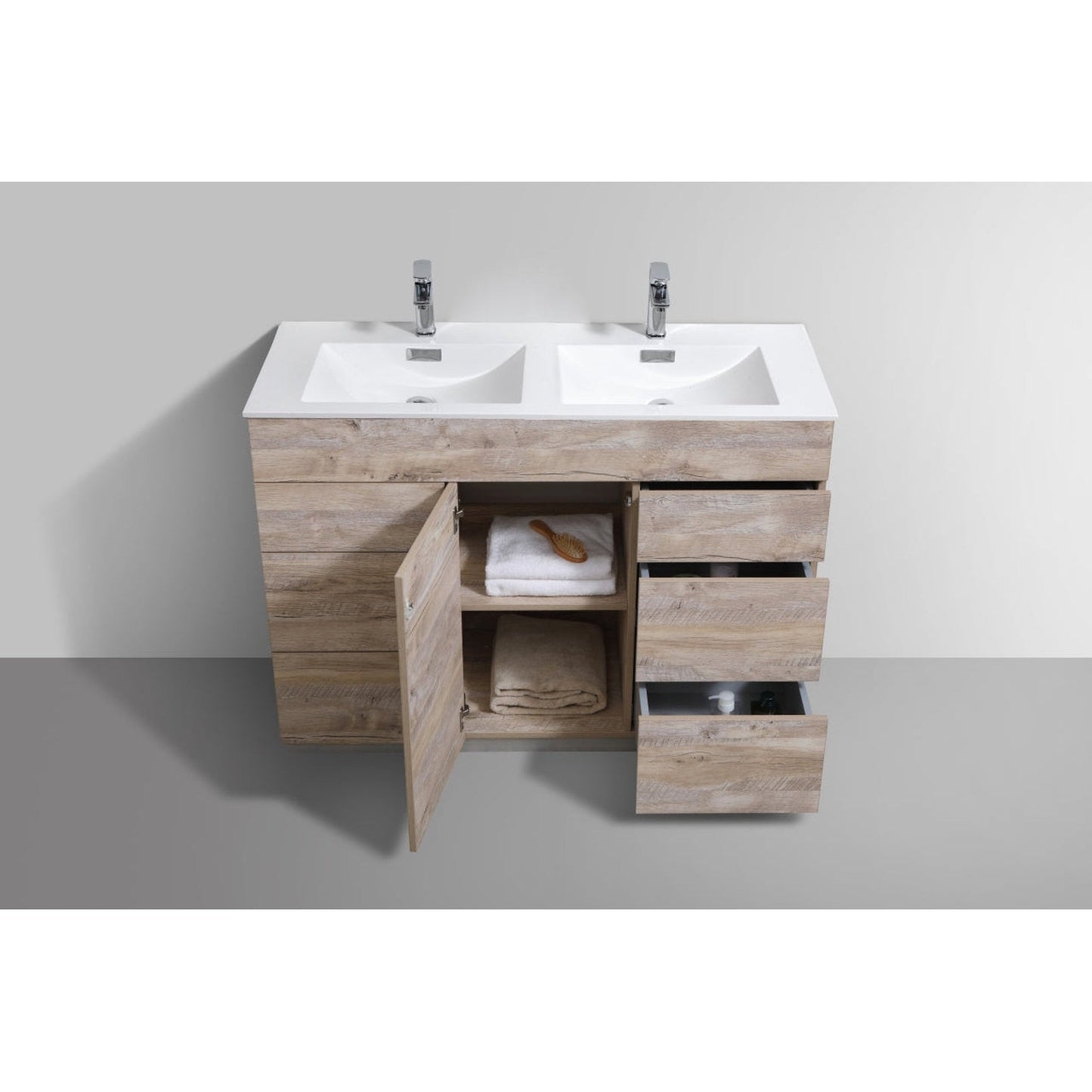 KubeBath Milano 48" Nature Wood Freestanding Modern Bathroom Vanity With Double Integrated Acrylic Sink With Overflow and 48" Wood Framed Mirror With Shelf