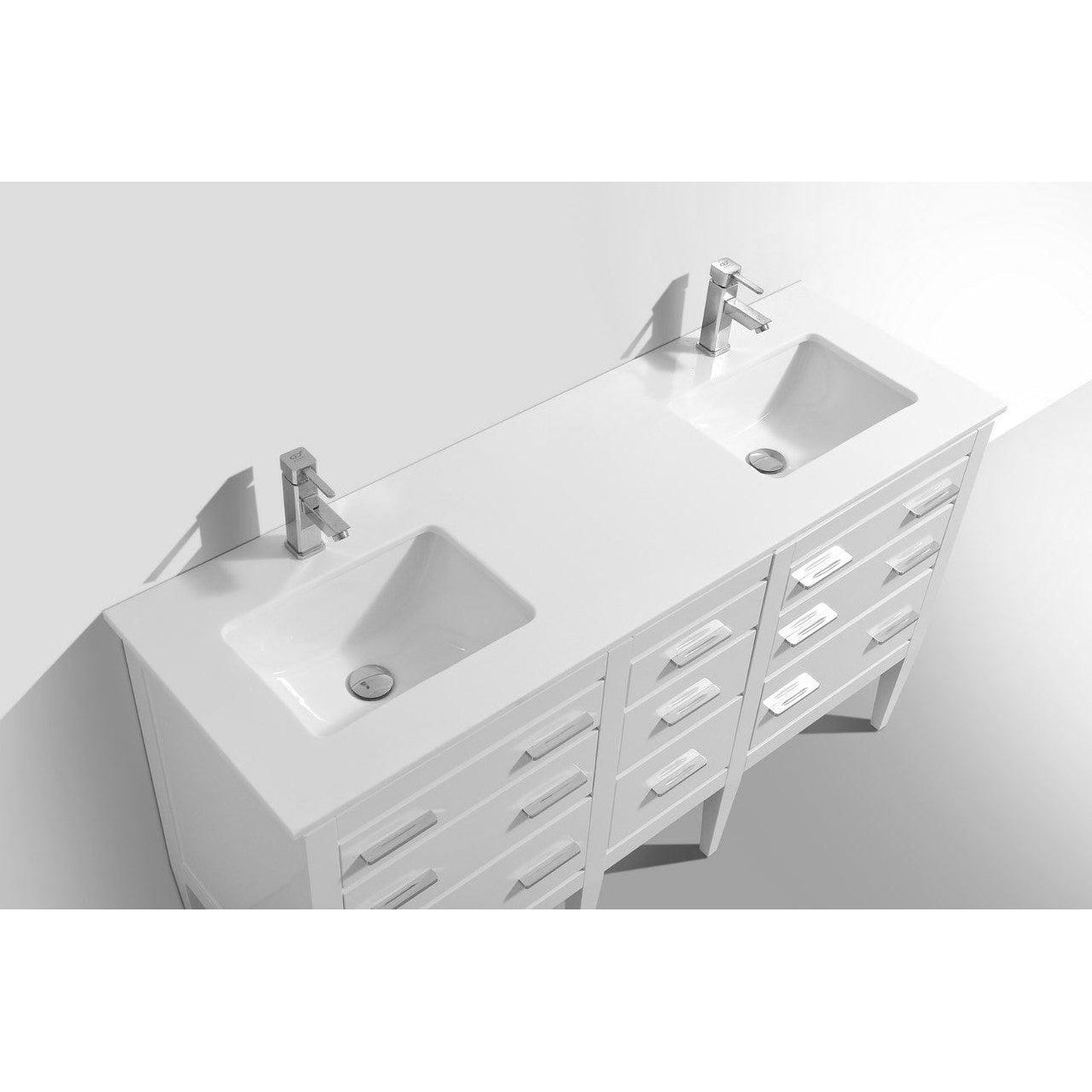 Kubebath Eiffel 60" High Gloss White Freestanding Modern Bathroom Vanity With Quartz Vanity Top & Double Ceramic Undermount Sink and 60" White Framed Mirror With Shelf