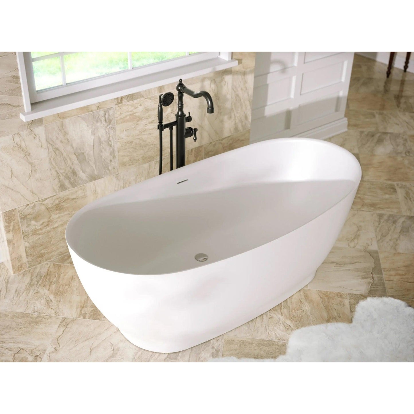 LaToscana Eco-Lapistone Vittoria 59" White Satin Freestanding Solid Surface Soaking Bathtub