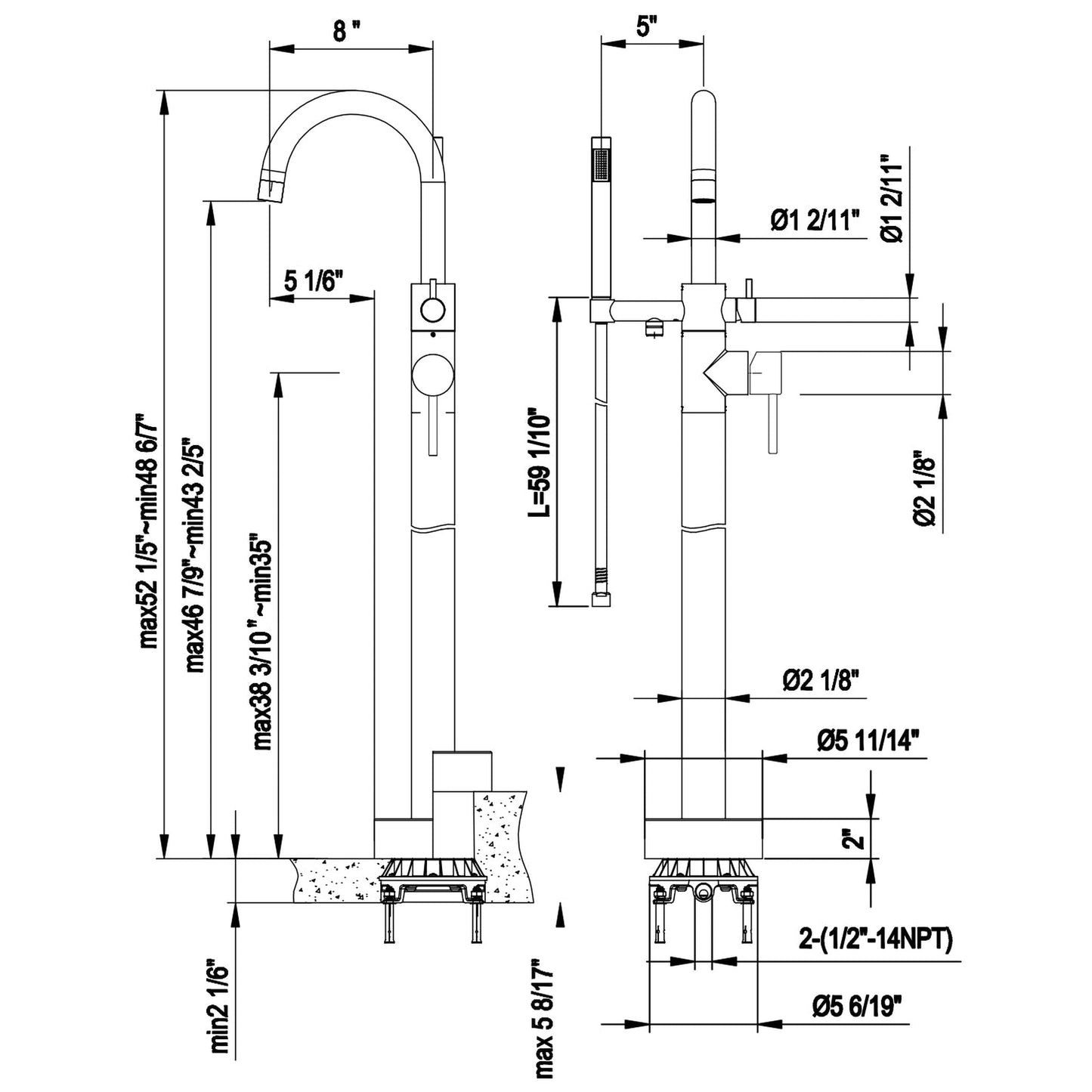 LaToscana Elba Matt Gold Floor-Mounted Freestanding Tub Filler With Handheld Shower