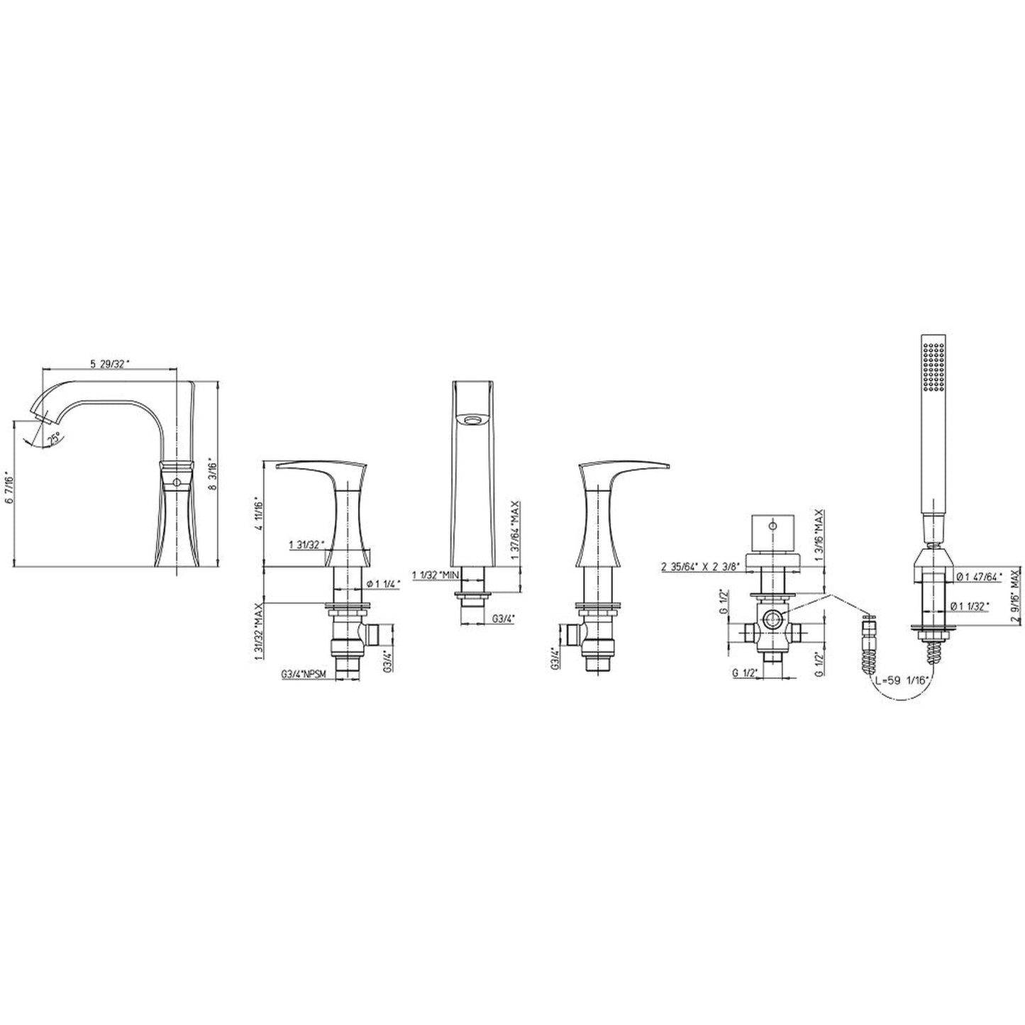 LaToscana Lady Chrome Roman Tub Faucet With Lever Handles, Diverter & Handheld Shower