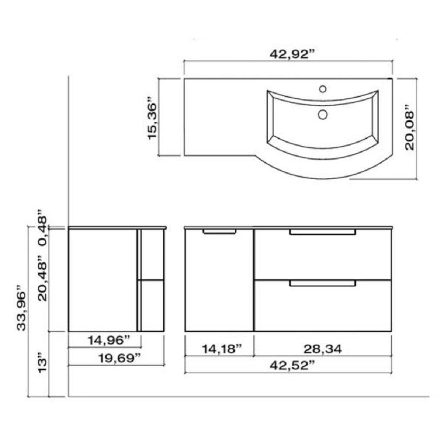 LaToscana Oasi 43" Slate Wall-Mounted Vanity Set With Left Side Cabinet
