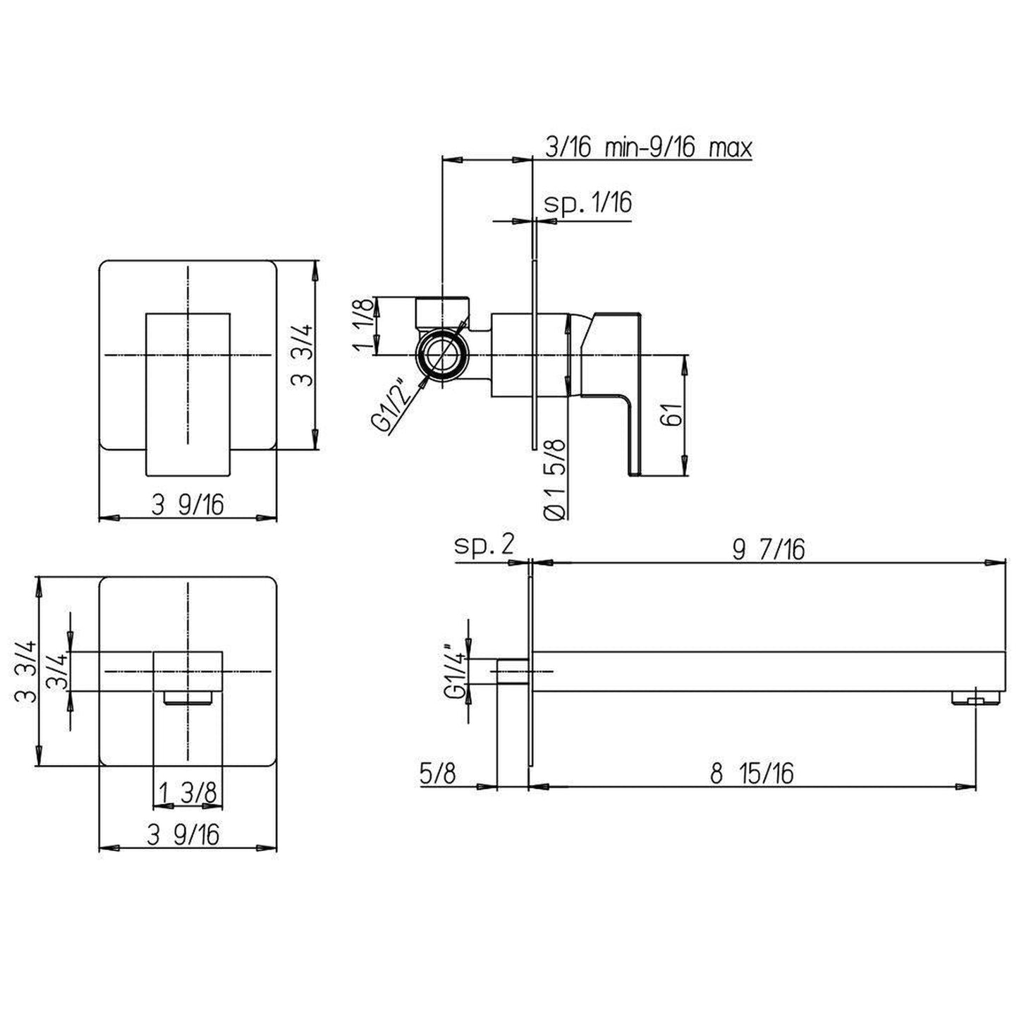 LaToscana Quadro Chrome Wall-Mounted Lavatory Faucet With Lever Handle