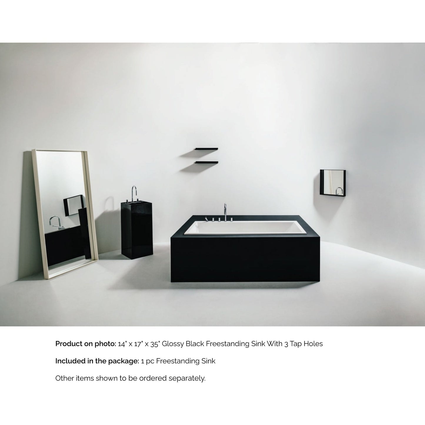 Laufen Kartell 15" x 17" x 35" Glossy Black Freestanding Bathroom Sink With 3 Faucet Holes