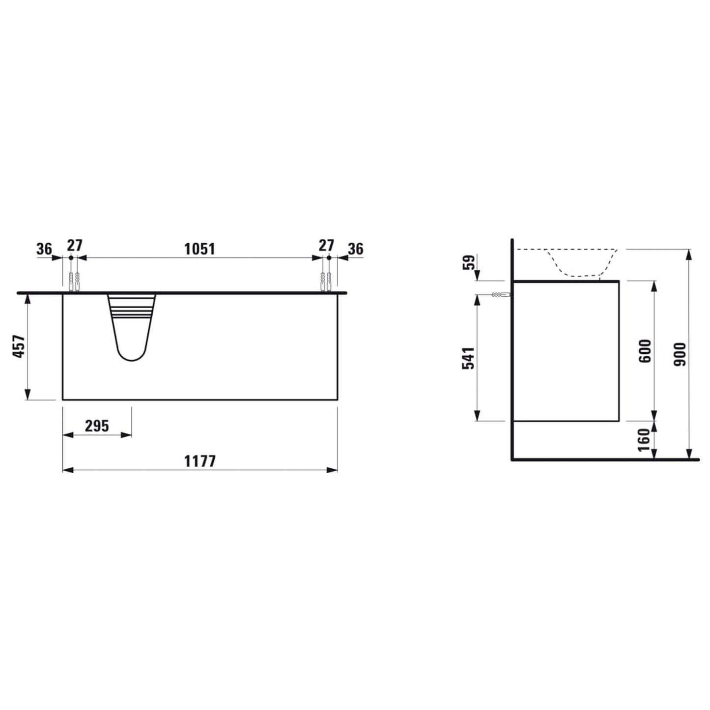 Laufen New Classic 46" 2-Drawer White Wall-Mounted Vanity With Sink Cut-out on the Left for New Classic Bathroom Sink Model: H816852