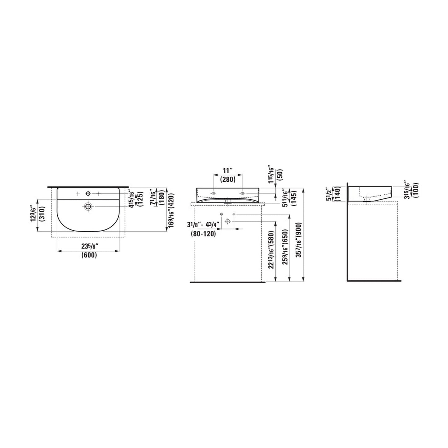 Laufen Sonar 24" White Ceramic Countertop Bathroom Sink Without Faucet Hole