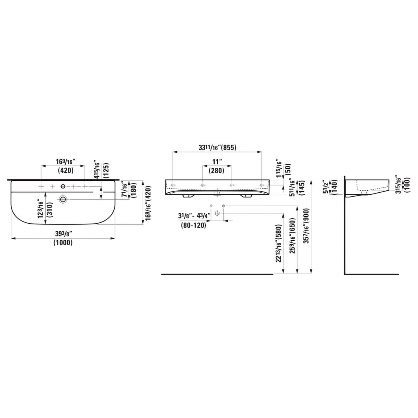 Laufen Sonar 39" Matte White Ceramic Countertop Bathroom Sink With 8" Spread 3 Faucet Holes