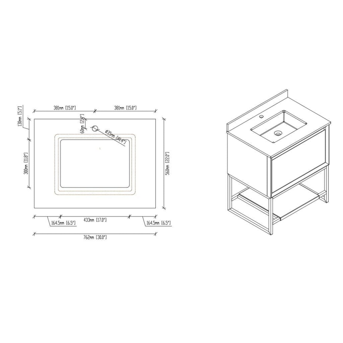 Laviva Alto 30" California White Oak Vanity Base and White Carrara Marble Countertop With Rectangular Ceramic Sink