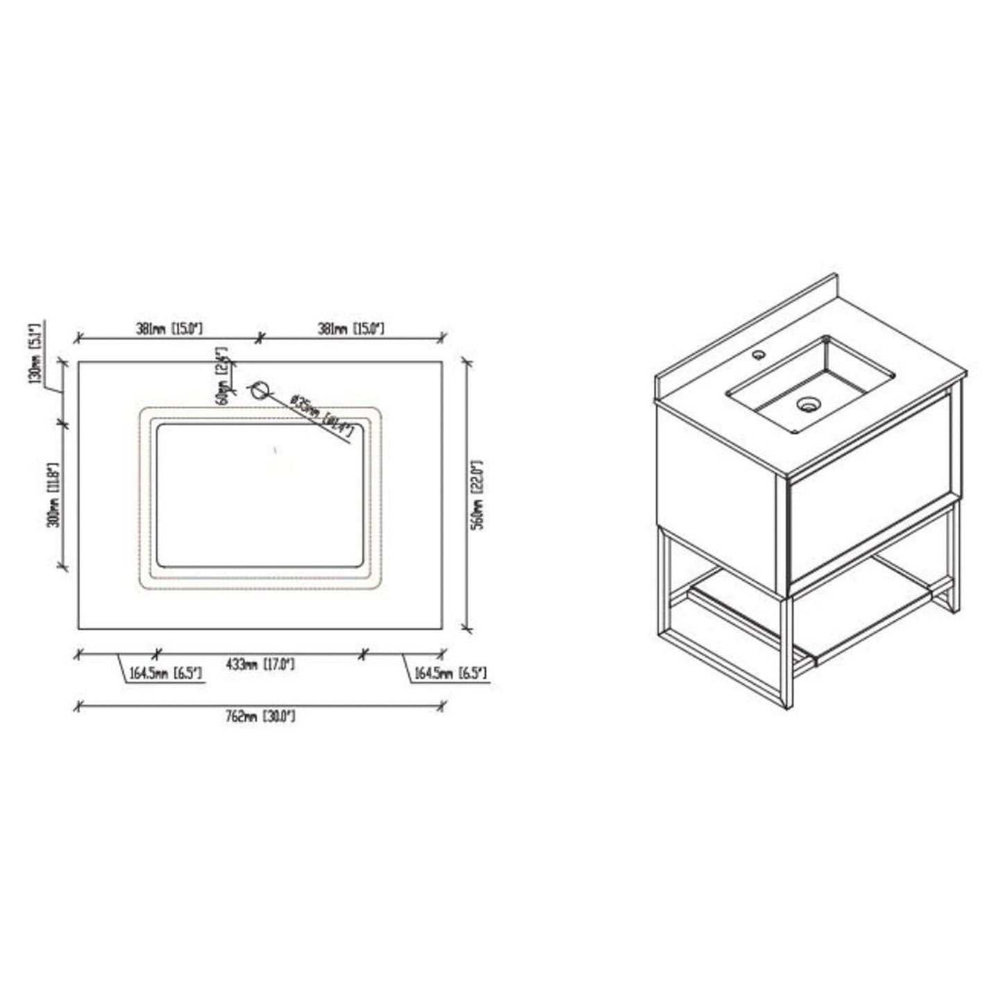 Laviva Alto 30" White Vanity Base and White Quartz Countertop With Rectangular Ceramic Sink