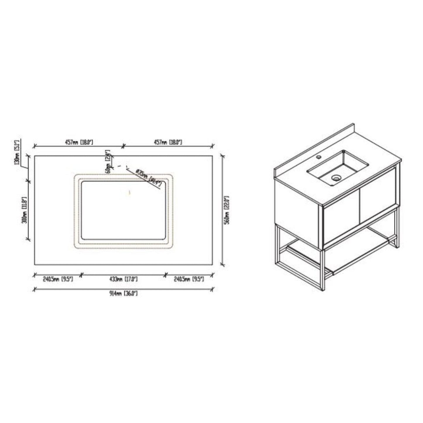 Laviva Alto 36" California White Oak Vanity Base and White Quartz Countertop With Rectangular Ceramic Sink