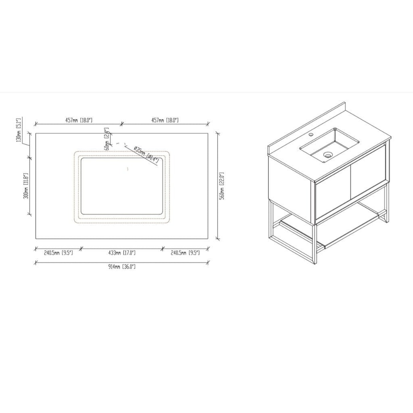 Laviva Alto 36" White Vanity Base and White Quartz Countertop With Rectangular Ceramic Sink