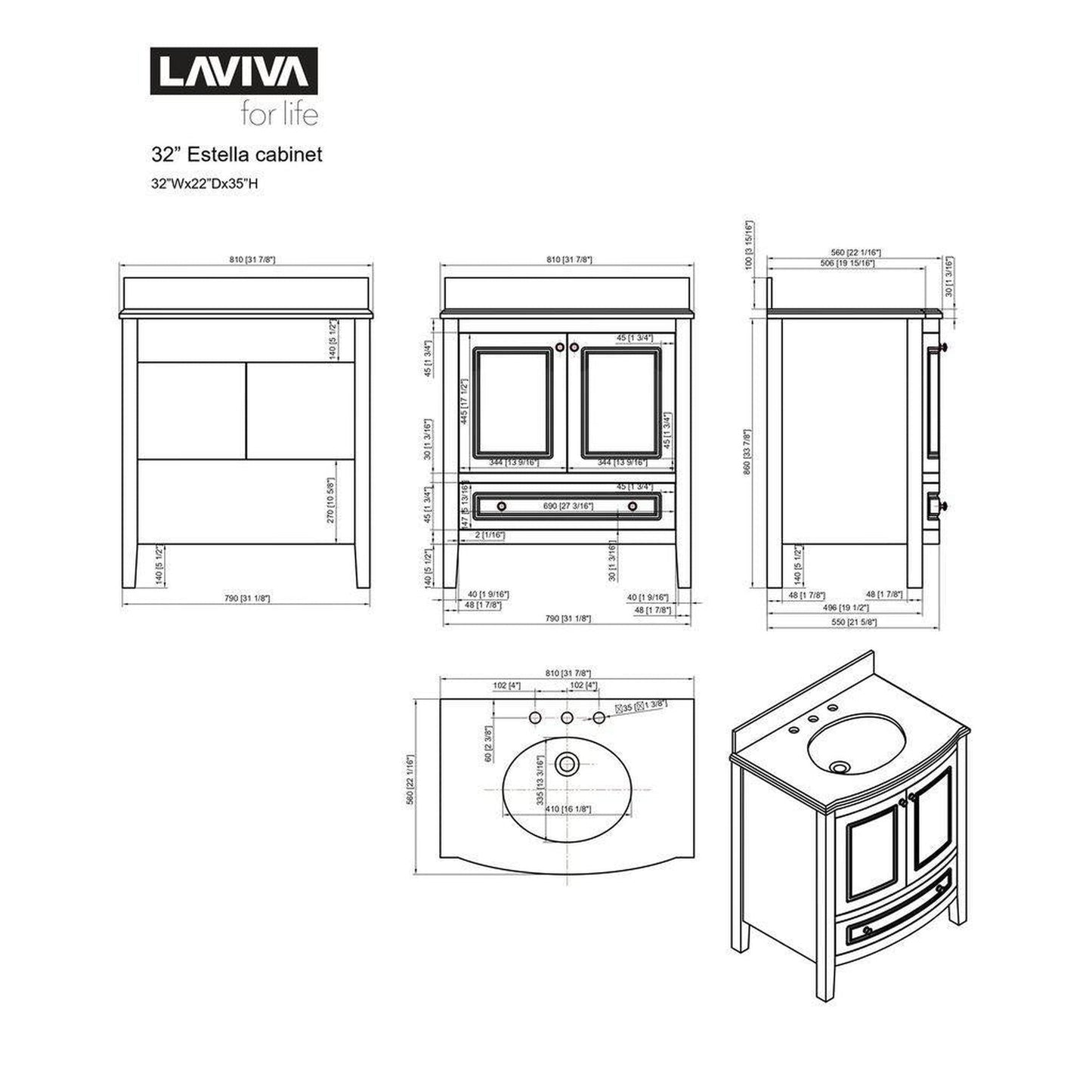 Laviva Estella 32" Freestanding White Vanity Base and White Carrara Marble Countertop With Oval Ceramic Sink