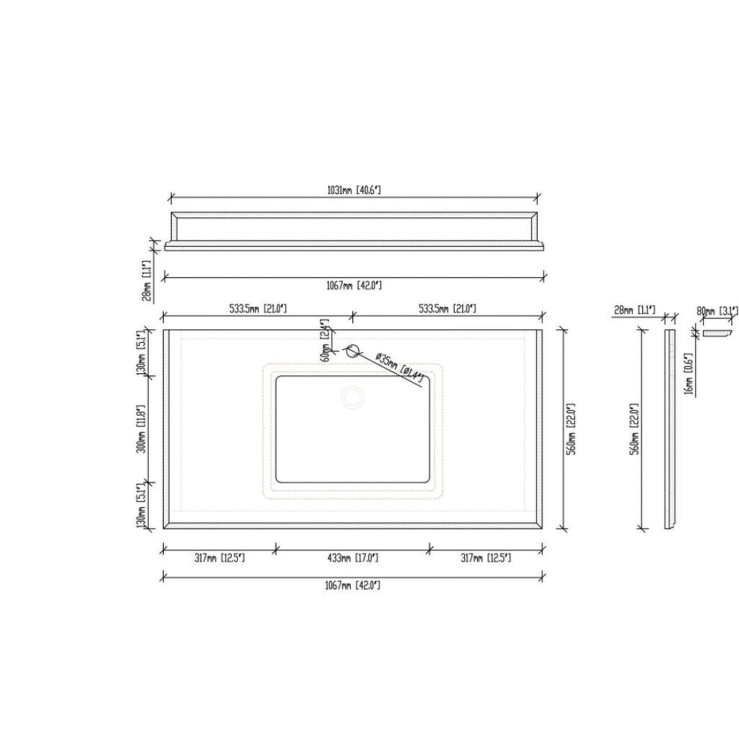 Laviva Forever 42" Single Hole White Carrara Marble Countertop With Rectangular Ceramic Sink