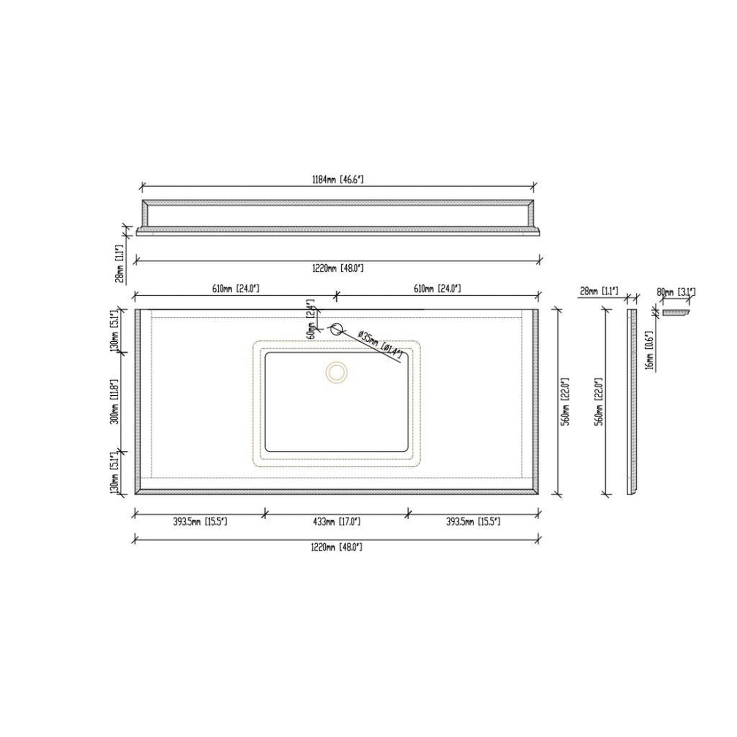 Laviva Forever 48" Single Hole Black Wood Marble Countertop With Rectangular Ceramic Sink