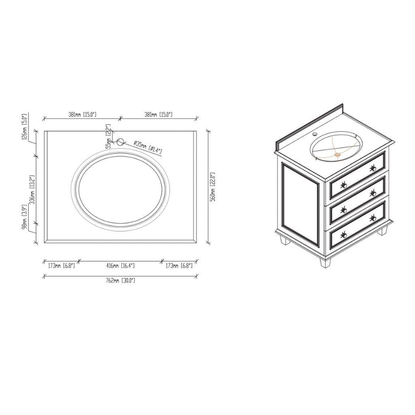 Laviva Luna 30" White Vanity Base and Black Wood Marble Countertop With Rectangular Ceramic Sink