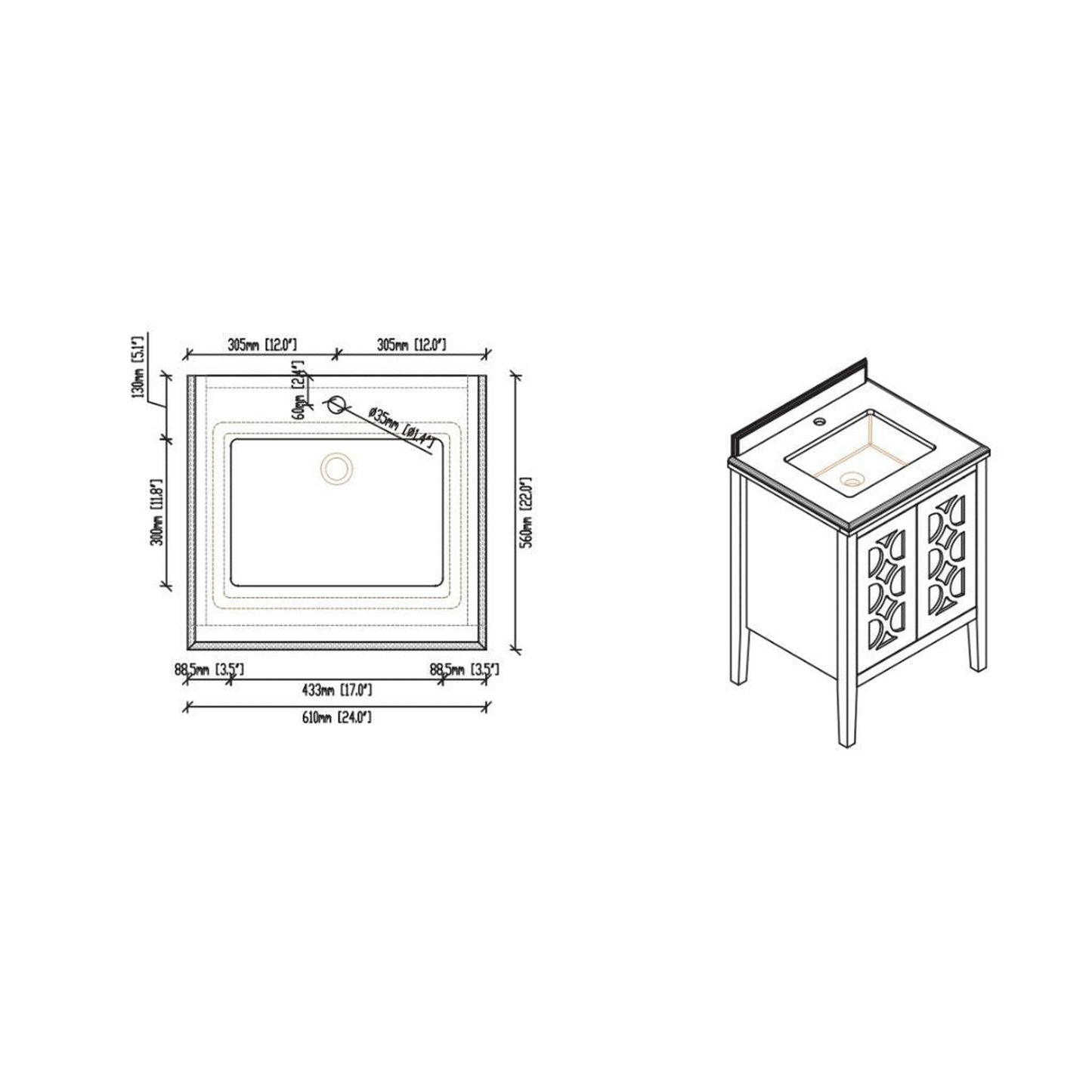 Laviva Mediterraneo 24" Gray Vanity Base and Black Wood Marble Countertop With Rectangular Ceramic Sink