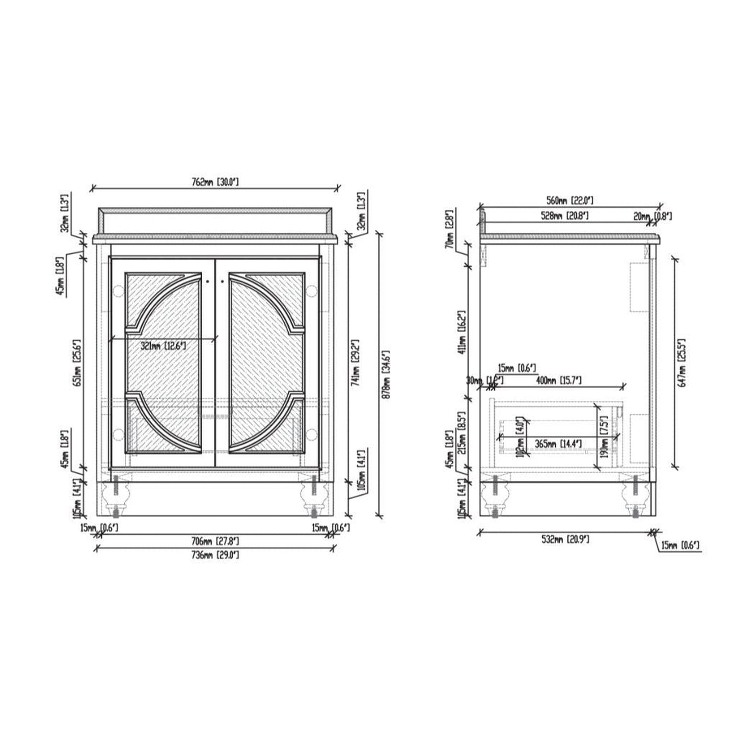 Laviva Odyssey 30" Maple Gray Vanity Base and White Stripes Marble Countertop With Rectangular Ceramic Sink