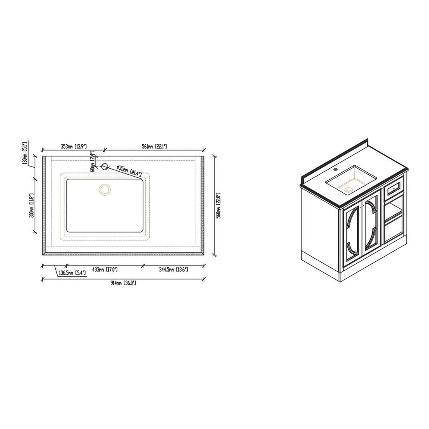 Laviva Odyssey 36" Maple Gray Vanity Base and Matte Black Solid Surface Countertop With Left Offset Integrated Sink