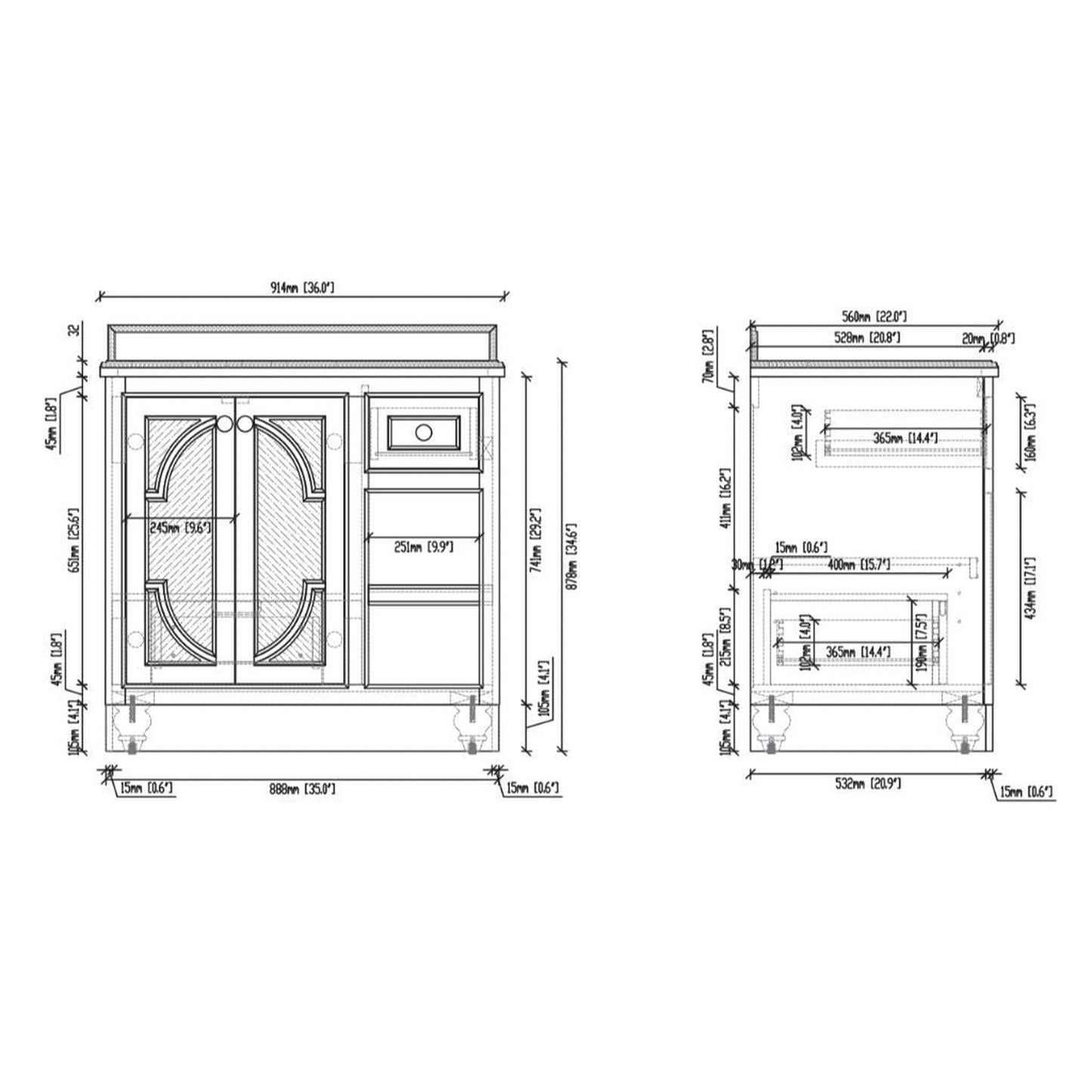 Laviva Odyssey 36" White Vanity Base and White Carrara Marble Countertop With Left Offset Rectangular Ceramic Sink