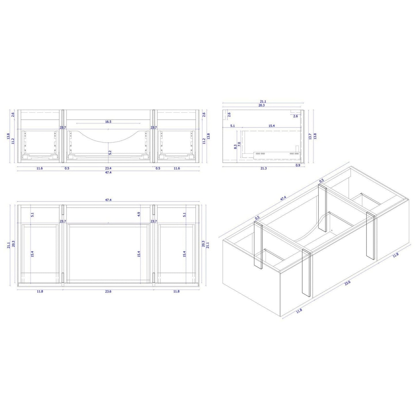 Laviva Vitri 48" Nautical Blue Vanity Base and Matte White Solid Surface Countertop With Integrated Sink