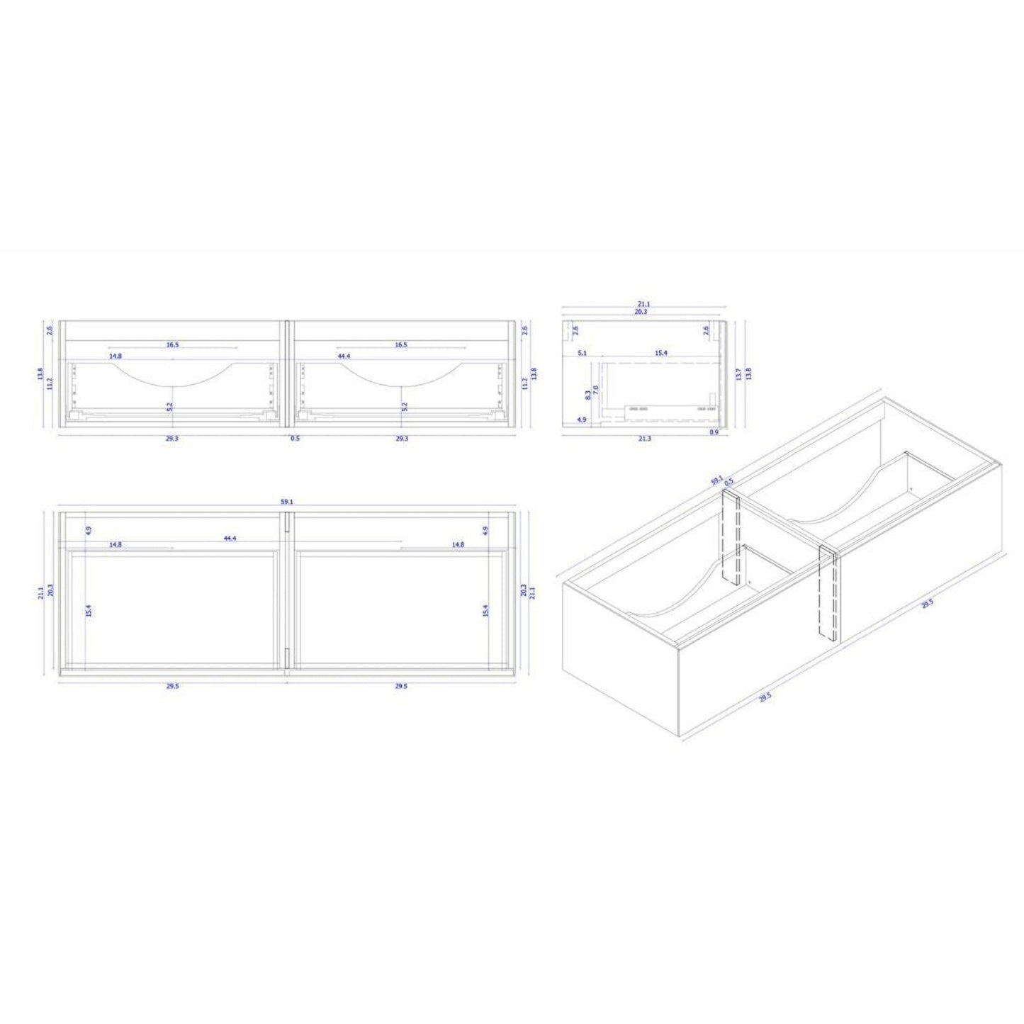 Laviva Vitri 60" Double Sink Wall Mounted Fossil Gray Vanity Base