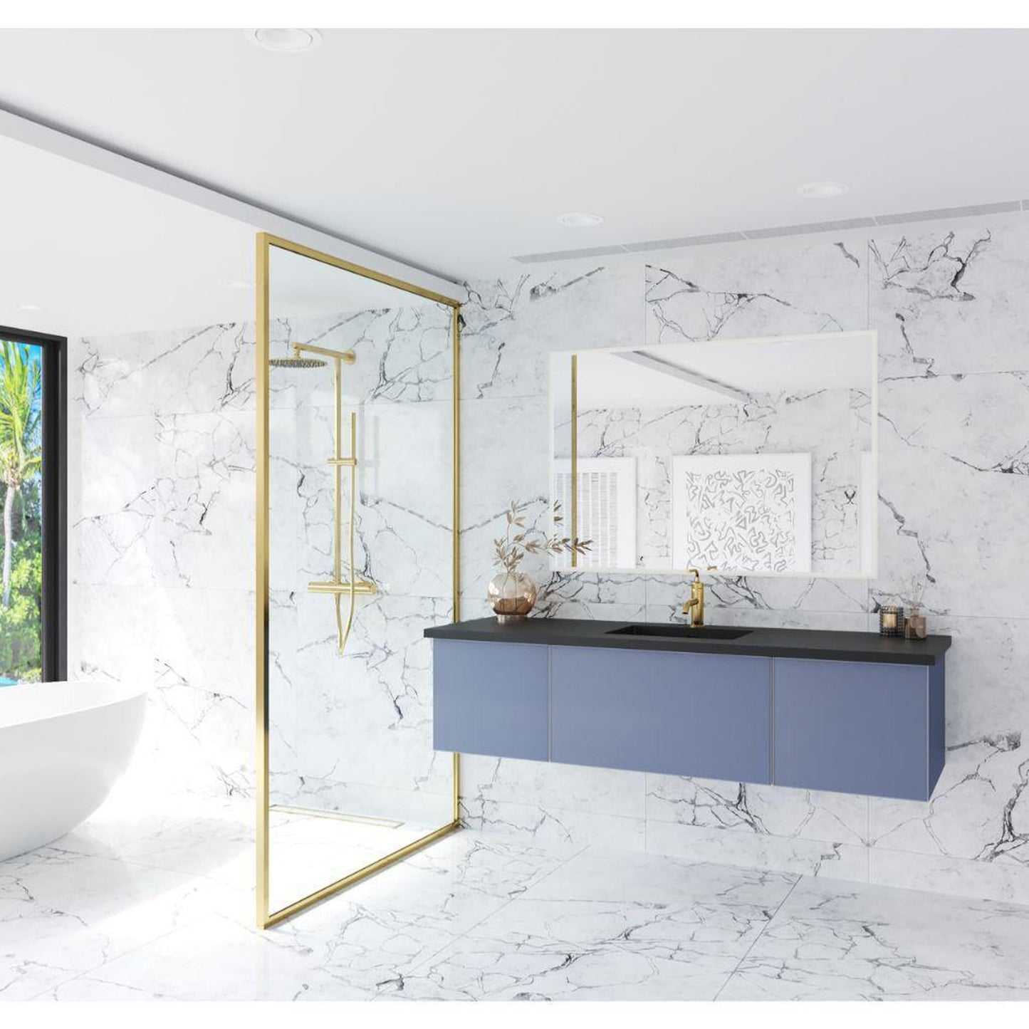 Laviva Vitri 66" Nautical Blue Vanity Base and Matte Black Solid Surface Countertop With Integrated Sink