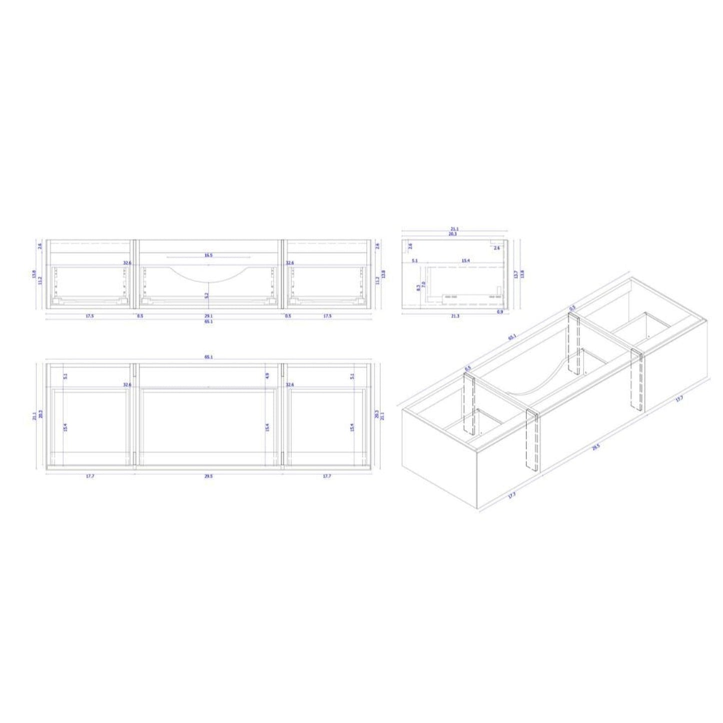 Laviva Vitri 66" Nautical Blue Vanity Base and Matte White Solid Surface Countertop With Integrated Sink