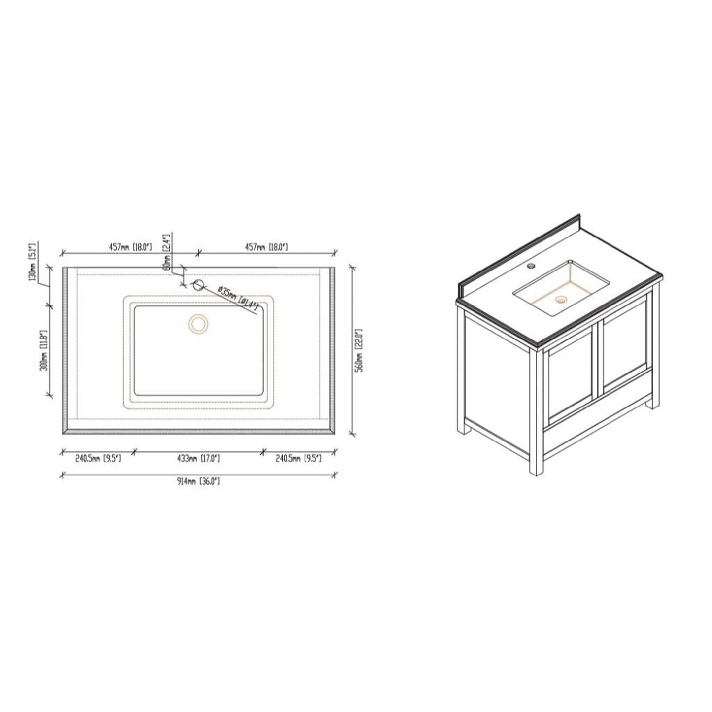 Laviva Wilson 36" White Vanity Base and White Stripes Marble Countertop With Rectangular Ceramic Sink