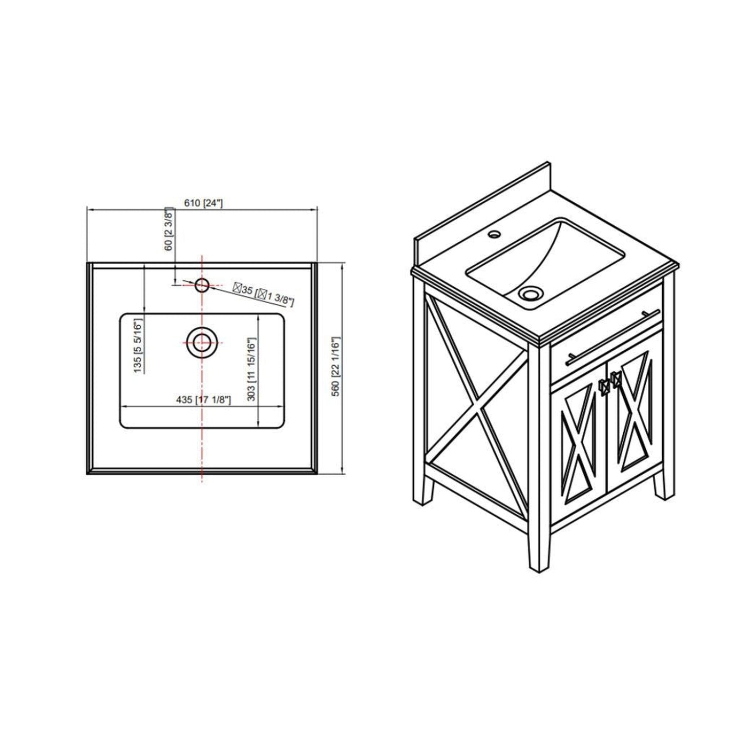 Laviva Wimbledon 24" White Vanity Base and White Quartz Countertop With Rectangular Ceramic Sink