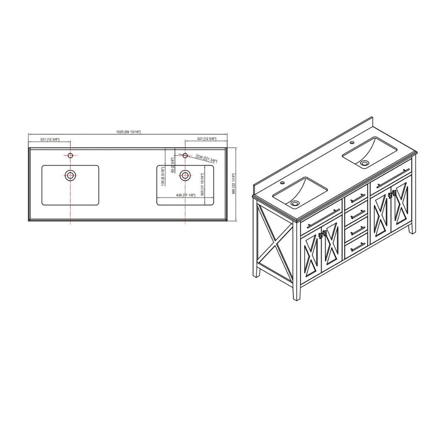 Laviva Wimbledon 60" Gray Vanity Base and Black Wood Marble Countertop With Double Rectangular Ceramic Sinks