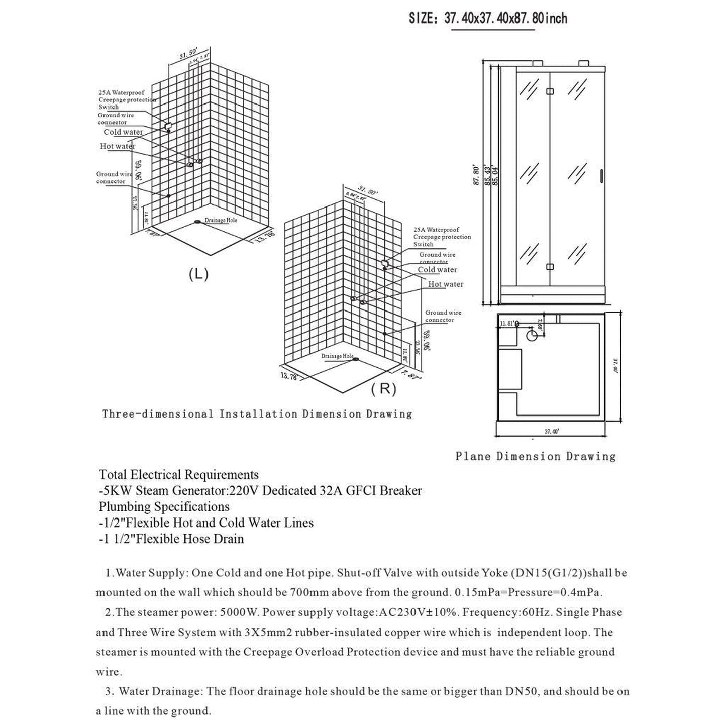 Maya Bath Platinum Arezzo 37" x 37" x 88" 6-Jet Rectangle Black Computerized Steam Shower Massage Bathtub With Sliding Door in Right Position