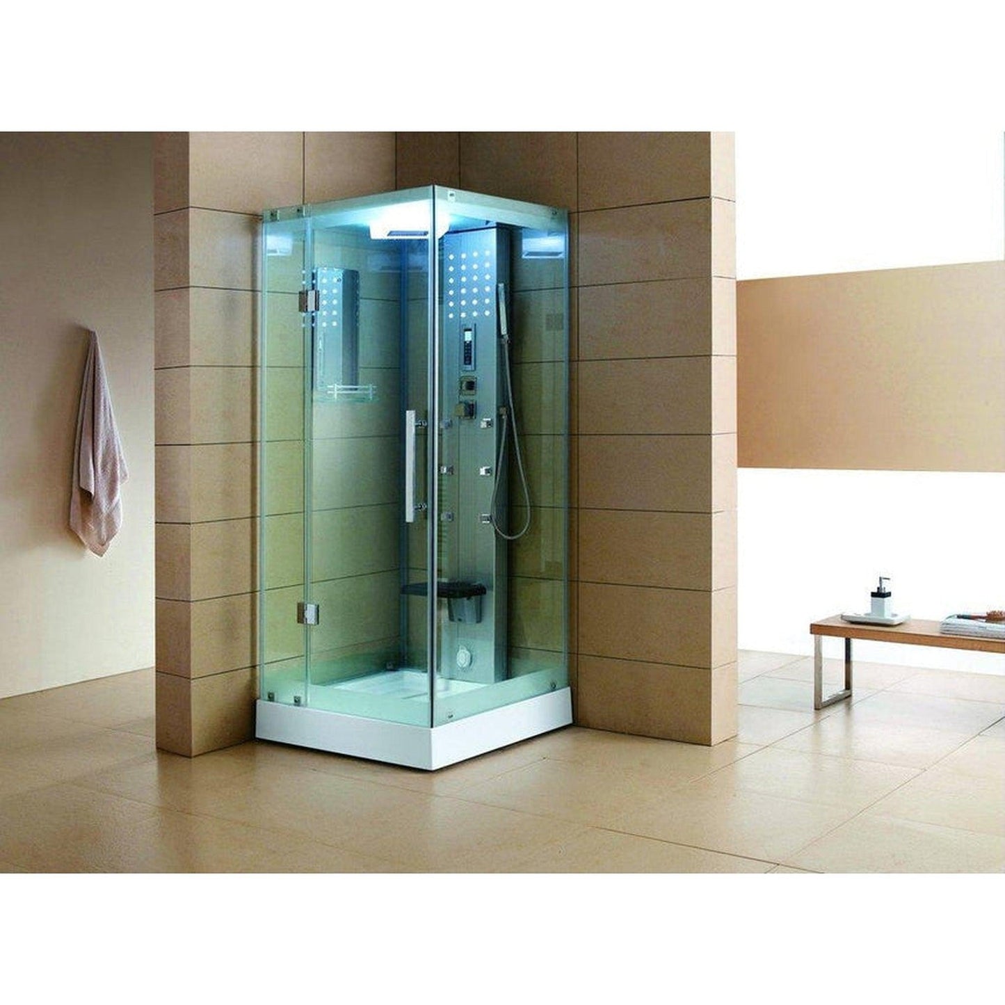 Mesa 32" x 32" x 85" Clear Temparded Glass Freestanding Walk In Steam Shower With 3kW Steam Generator, 6 Acupuncture Water Body Jets and Ozone Sterilization System