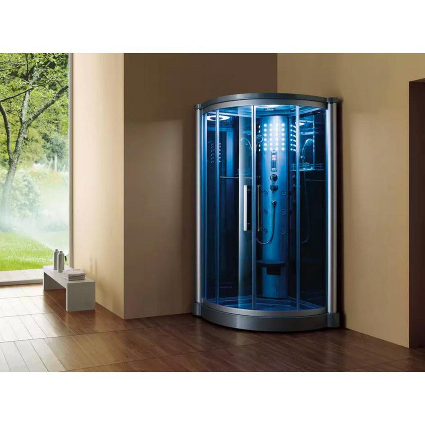 Mesa 42" x 42" x 85" Blue Tempered Glass Corner Steam Shower With 3kW Steam Generator, 6 Acupuncture Water Body Jets and Ozone Sterilization System
