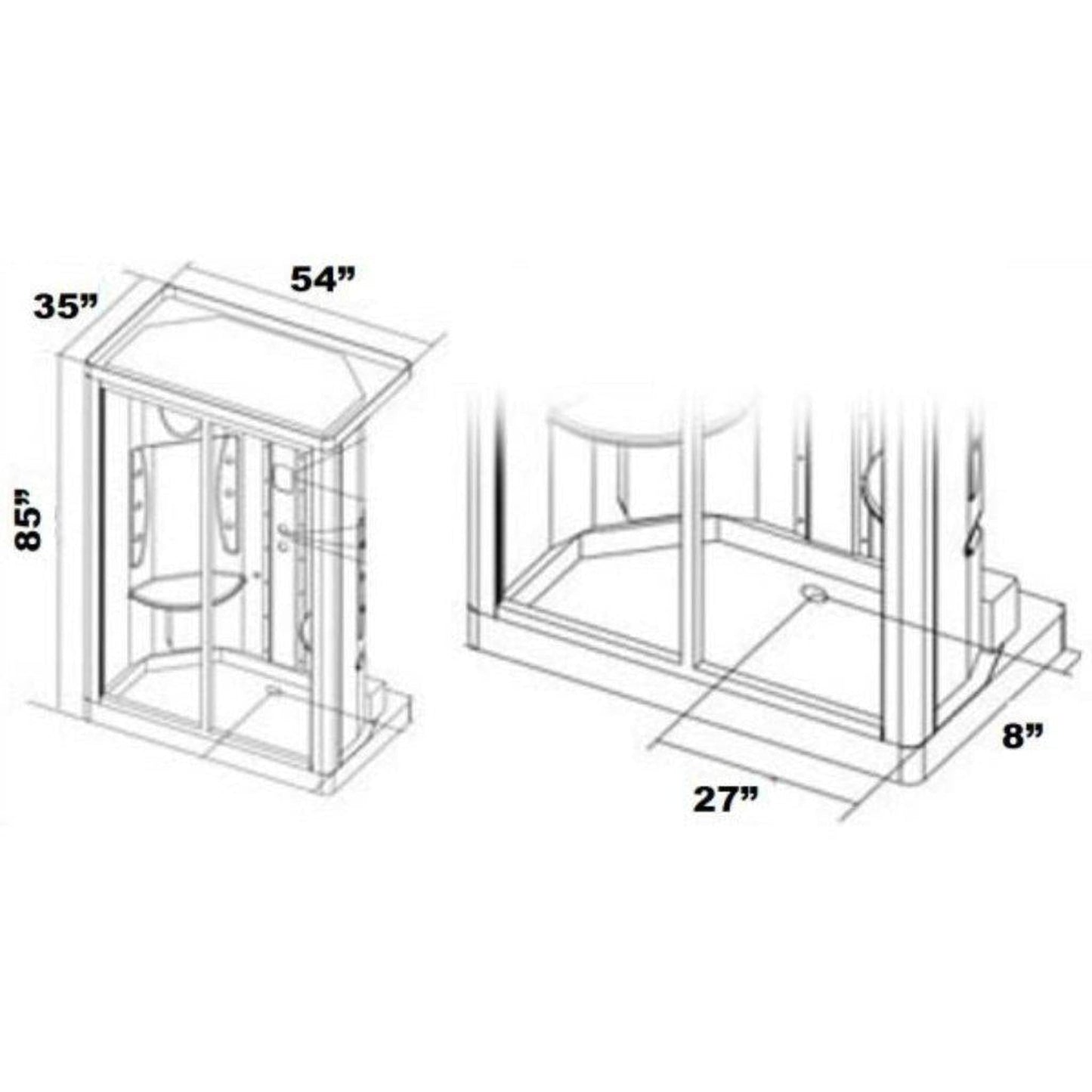 Mesa 54" x 35" x 85" Clear Tempered Glass Freestanding Walk In Steam Shower With Left-Side Door Configuration, 3kW Steam Generator and 12 Acupuncture Water Body Jets