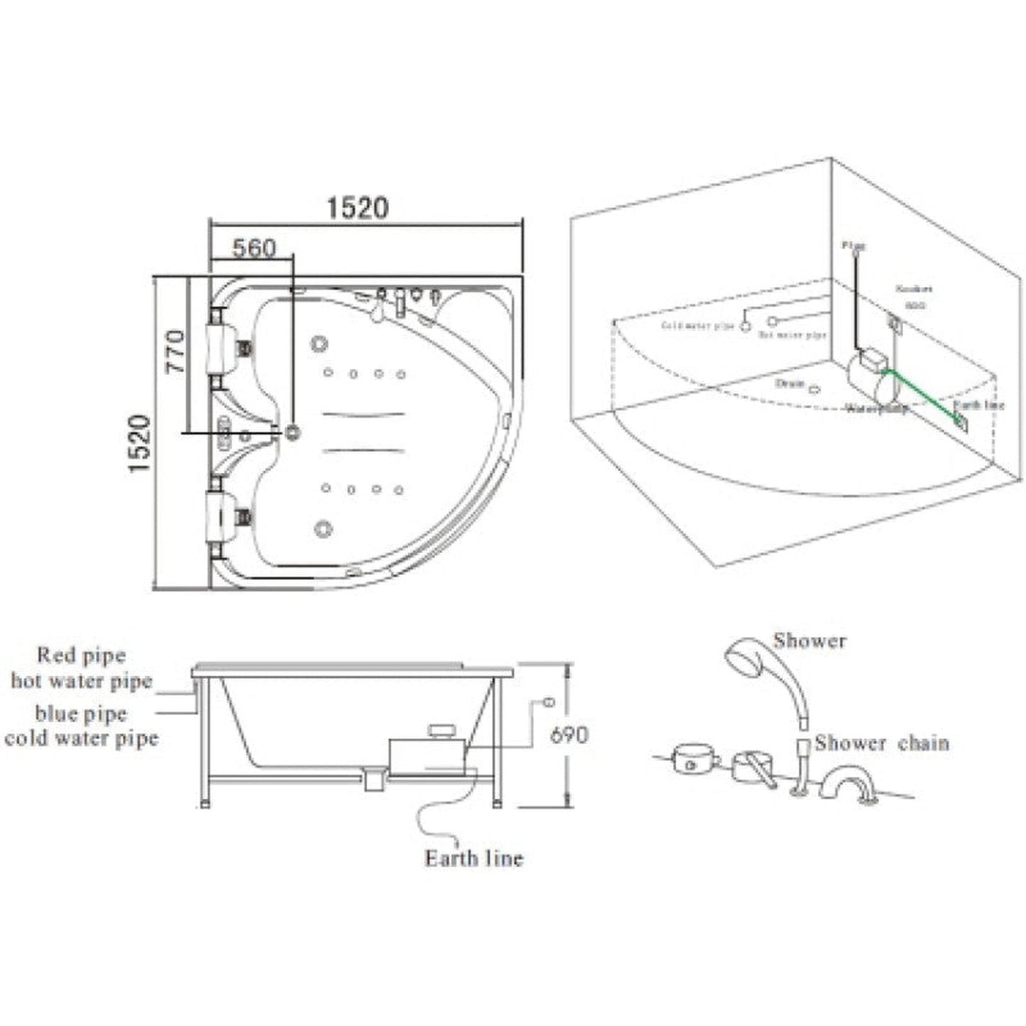 Mesa 60" x 60" x 28" Two Person Corner Whirlpool Jetted Combo Tub With 9 Whirlpool Jets and Air System