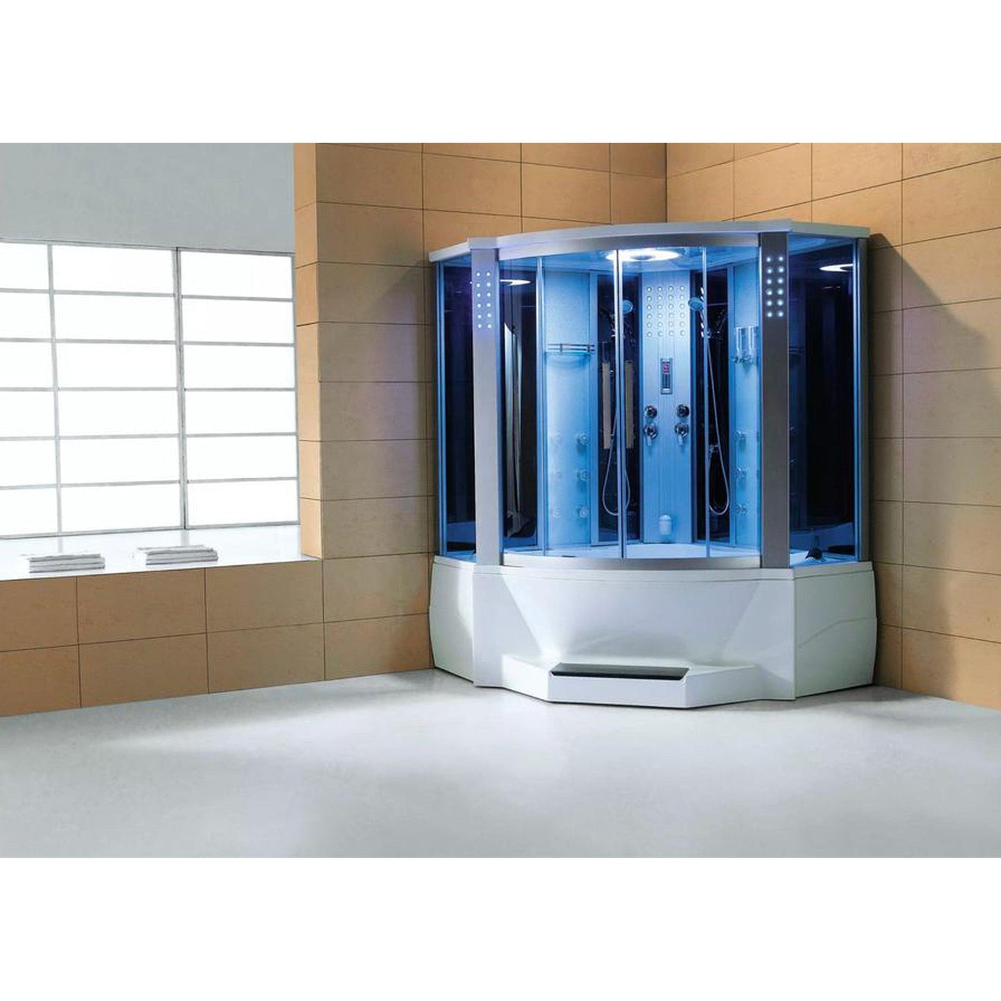 Mesa 66" x 66" x 85" Corner Blue Tempered Glass Combination Steam Shower Jetted Tub With 4kW Steam Generation, 12 Acupuncture Body Jets and 6 Whirlpool Jets