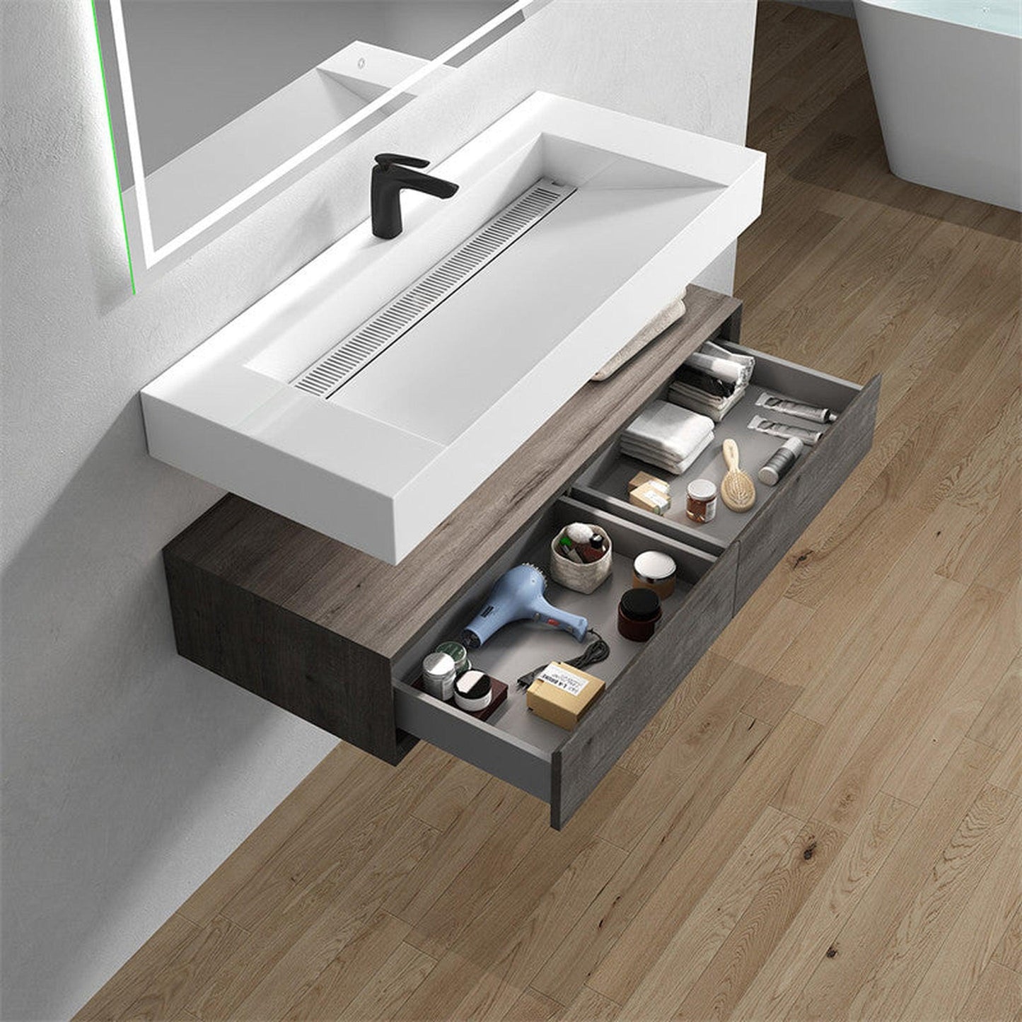 Moreno Bath ALYSA 60" Smoke Oak Floating Vanity With Single Faucet Hole and Reinforced White Acrylic Sink
