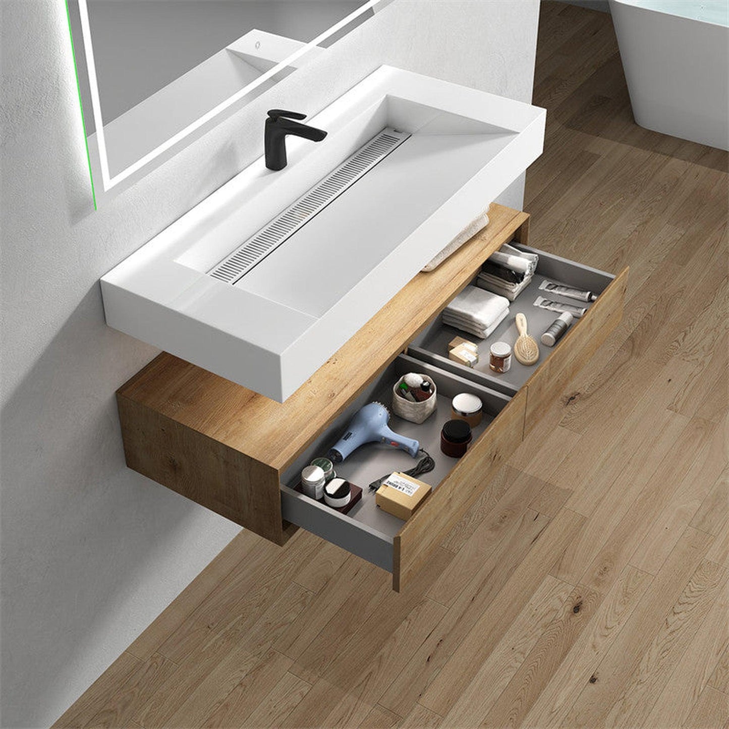 Moreno Bath ALYSA 60" White Oak Floating Vanity With Single Faucet Hole and Reinforced White Acrylic Sink