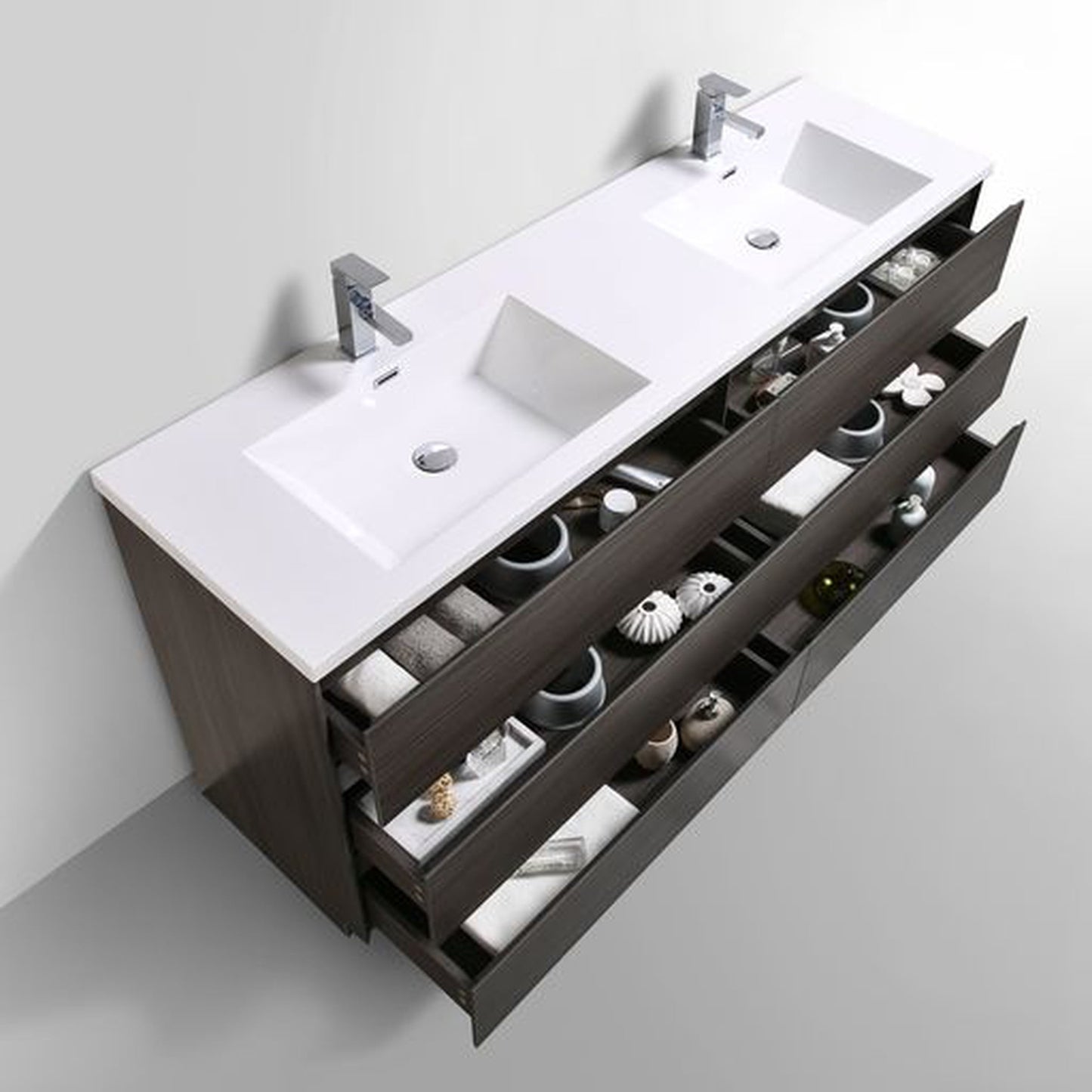 Moreno Bath Angeles 72" Dark Gray Oak Freestanding Vanity With Double Reinforced White Acrylic Sinks