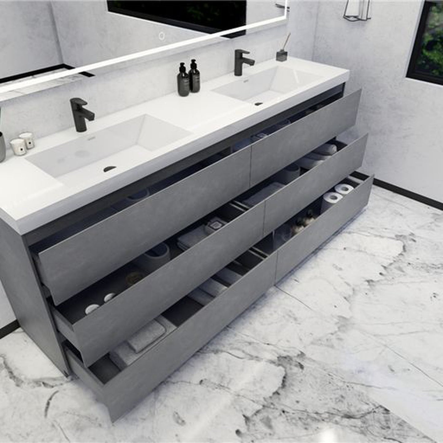 Moreno Bath Angeles 84" Cement Gray Freestanding Vanity With Double Reinforced White Acrylic Sinks