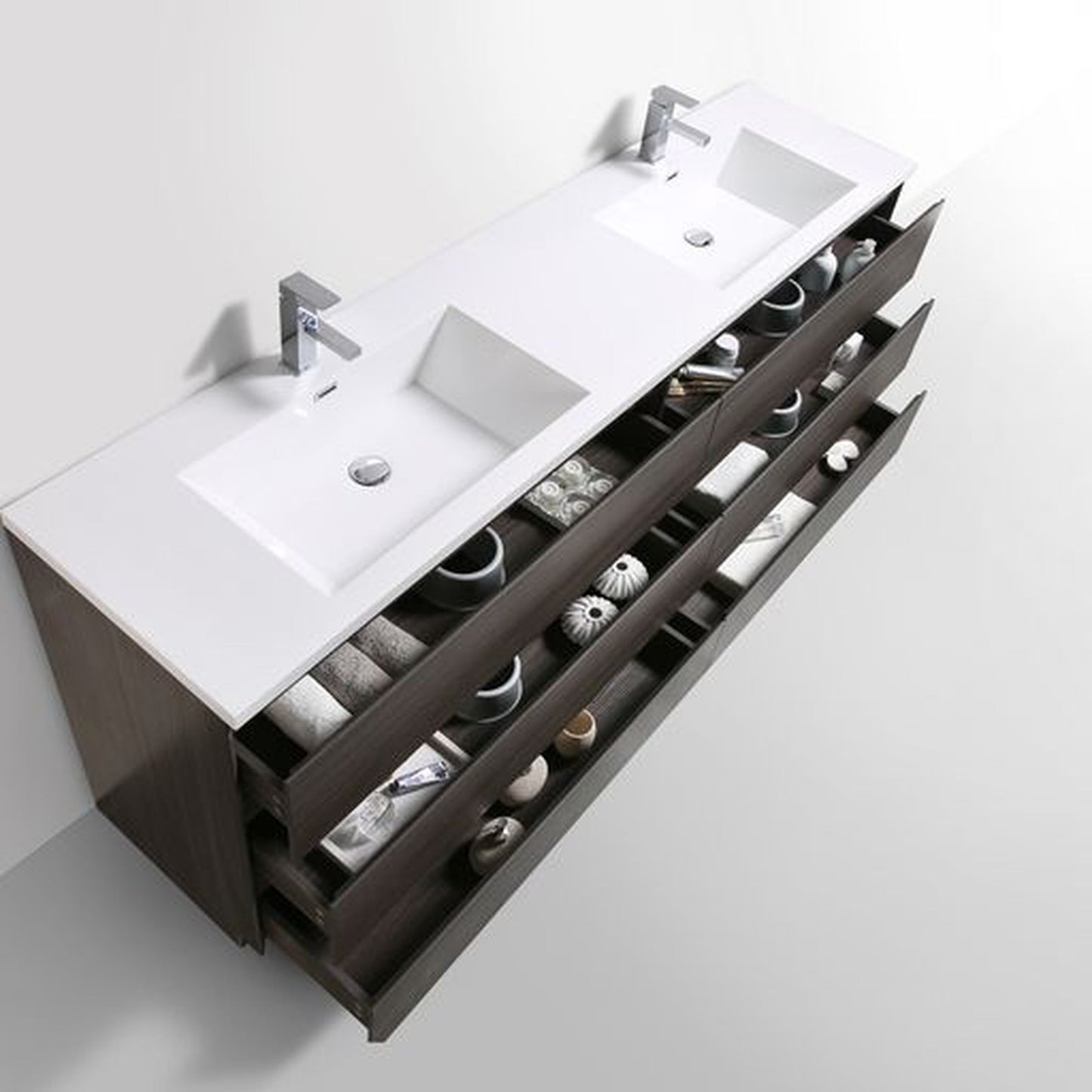 Moreno Bath Angeles 84" Dark Gray Oak Freestanding Vanity With Double Reinforced White Acrylic Sinks