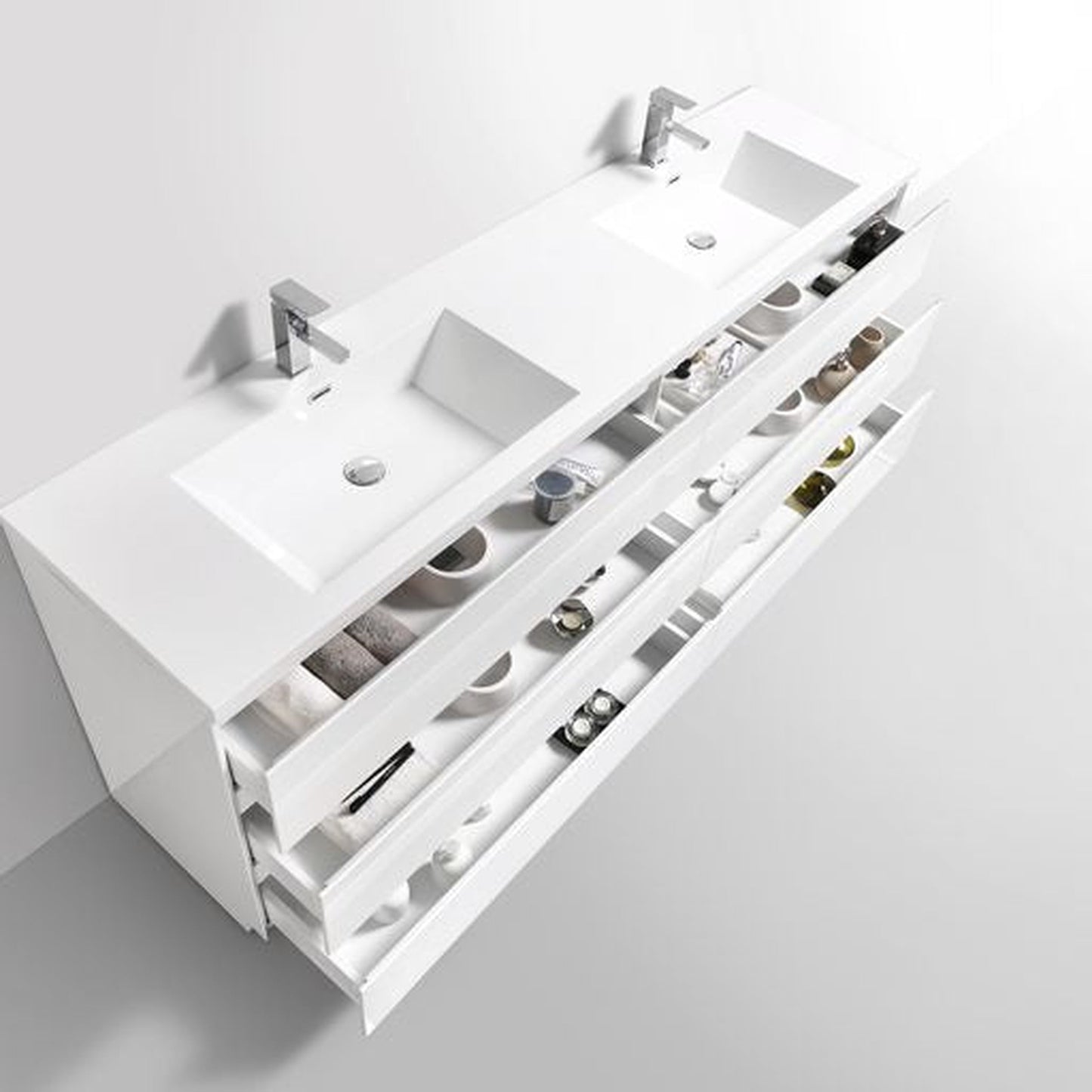 Moreno Bath Angeles 84" High Gloss White Freestanding Vanity With Double Reinforced White Acrylic Sinks