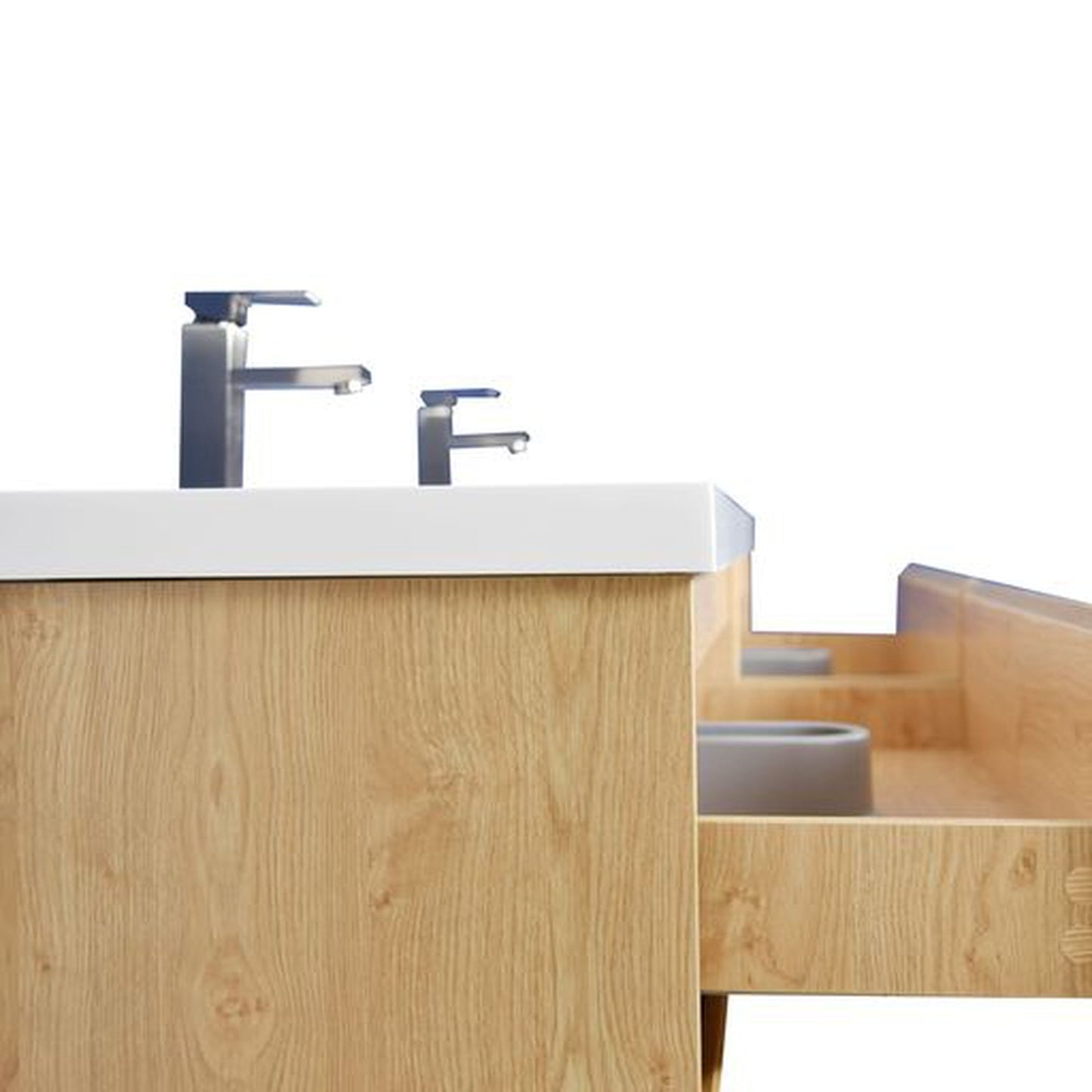 Moreno Bath Angeles 84" New England Oak Freestanding Vanity With Double Reinforced White Acrylic Sinks