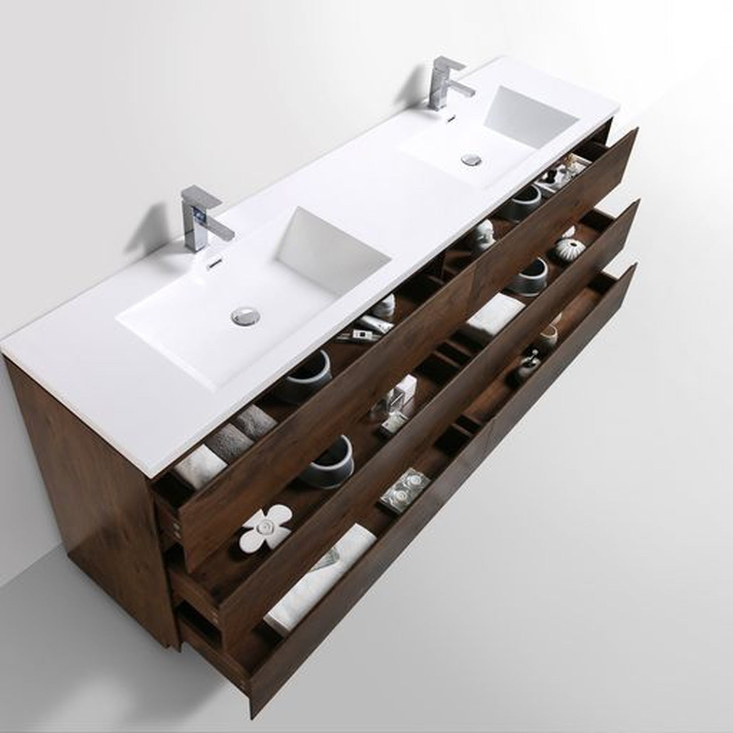 Moreno Bath Angeles 84" Rosewood Freestanding Vanity With Double Reinforced White Acrylic Sinks
