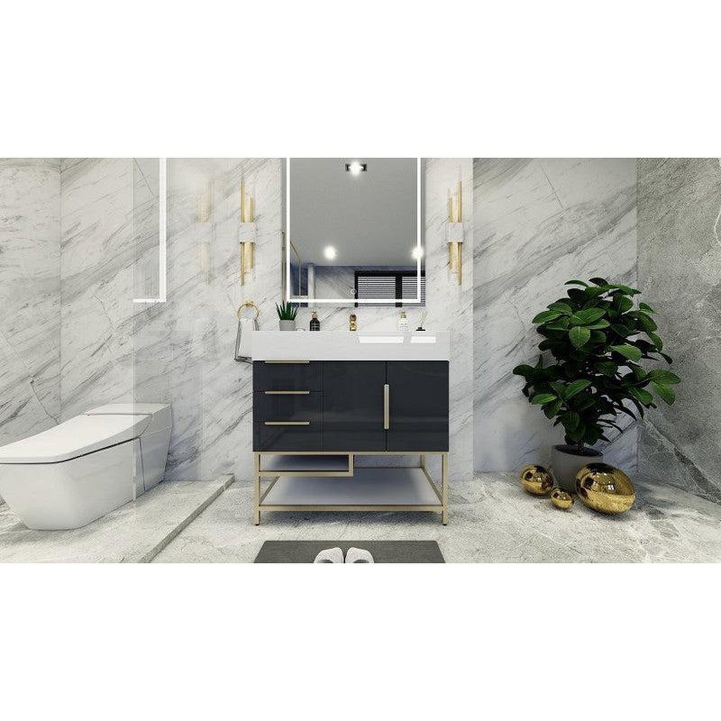 Moreno Bath Bethany 36" High Gloss Gray Freestanding Vanity With Left Side Drawers and Single Reinforced White Acrylic Sink